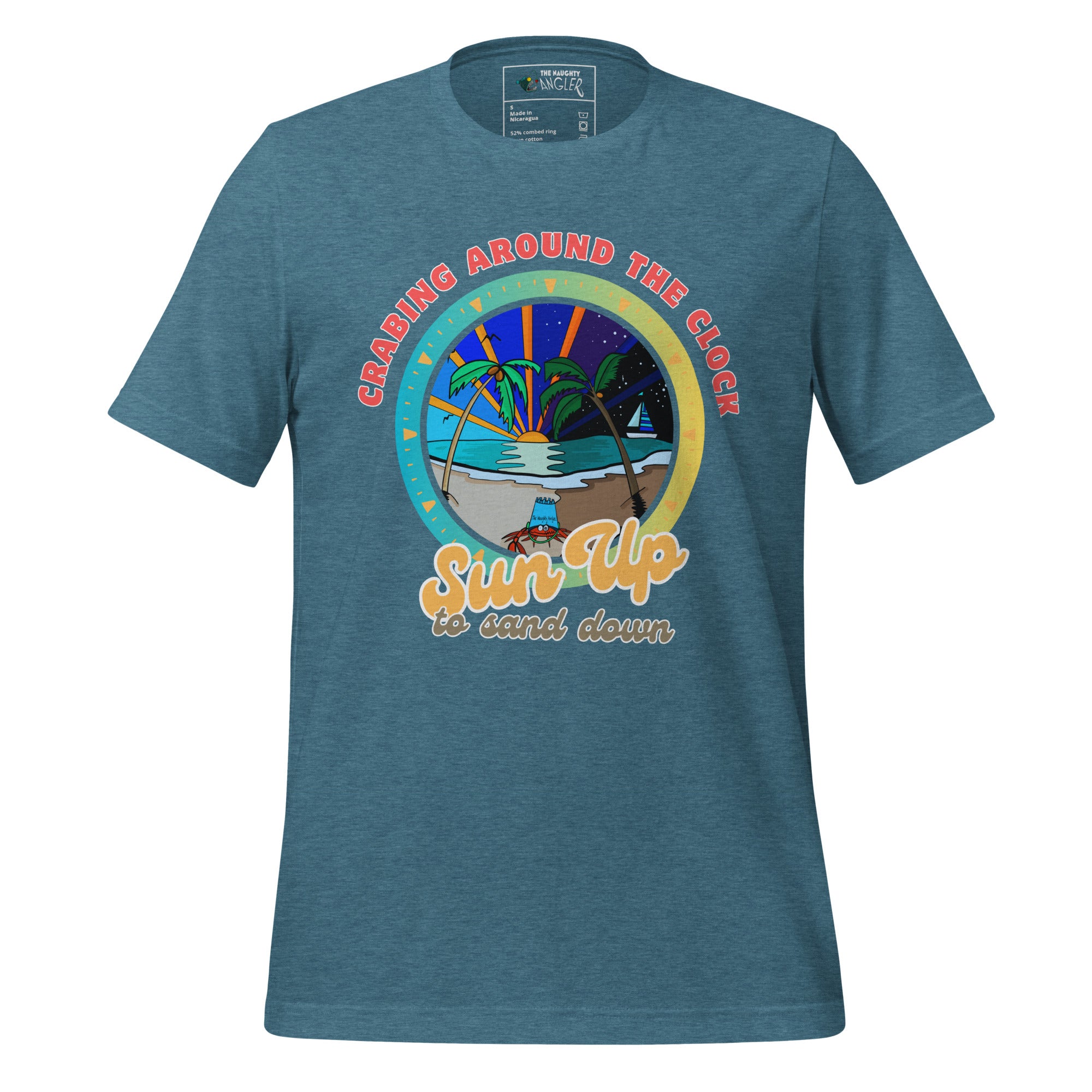 The Naughty Angler™  heather deep teal unisex T-shirt showcasing the fun “Crabing Around the Clock Sun Up to Sand Down” front graphic with a cartoon crab wearing a blue bucket, surrounded by palm trees in a blended day–night beach scene.