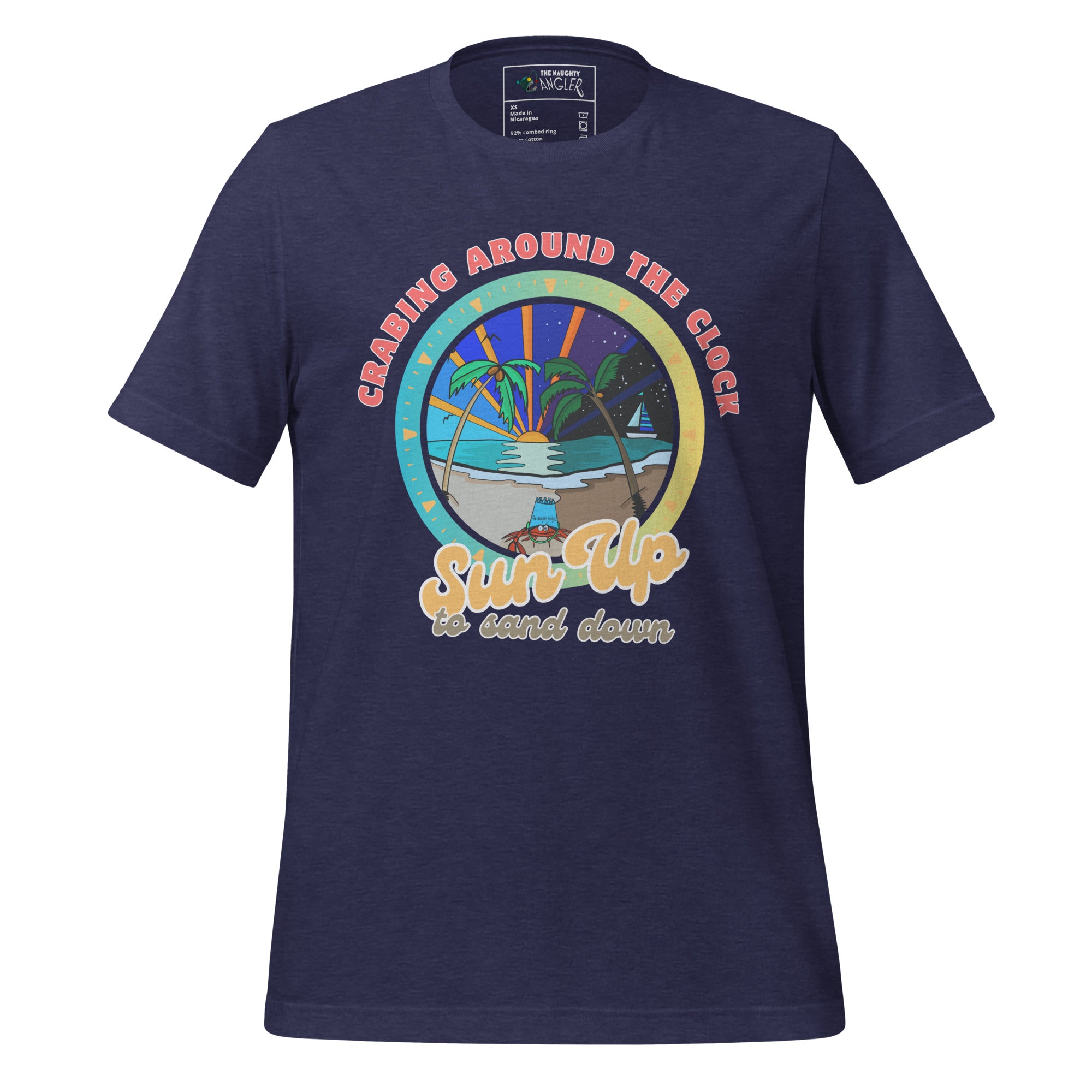 The Naughty Angler™ Heather Midnight Navy unisex T-shirt featuring the colourful “Crabing Around the Clock Sun Up to Sand Down” design with a cartoon crab in a beach setting, palm trees, a day–night sky, and a blue bucket on his head.