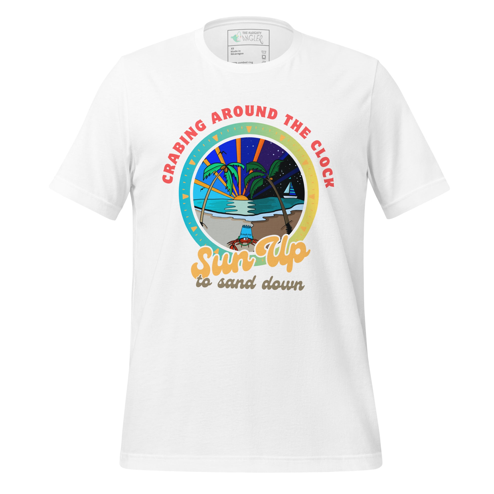 The Naughty Angler™ white unisex T-shirt featuring the “Crabing Around the Clock Sun Up to Sand Down” colourful design with a cartoon crab in a beach setting, palm trees, a combined day–night background, and a blue bucket on his head.