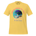 The Naughty Angler™ yellow unisex T-shirt featuring the “Crabing Around the Clock Sun Up to Sand Down” design with a colourful cartoon crab wearing a blue bucket on its head, palm trees, and a blended day–night beach scene.