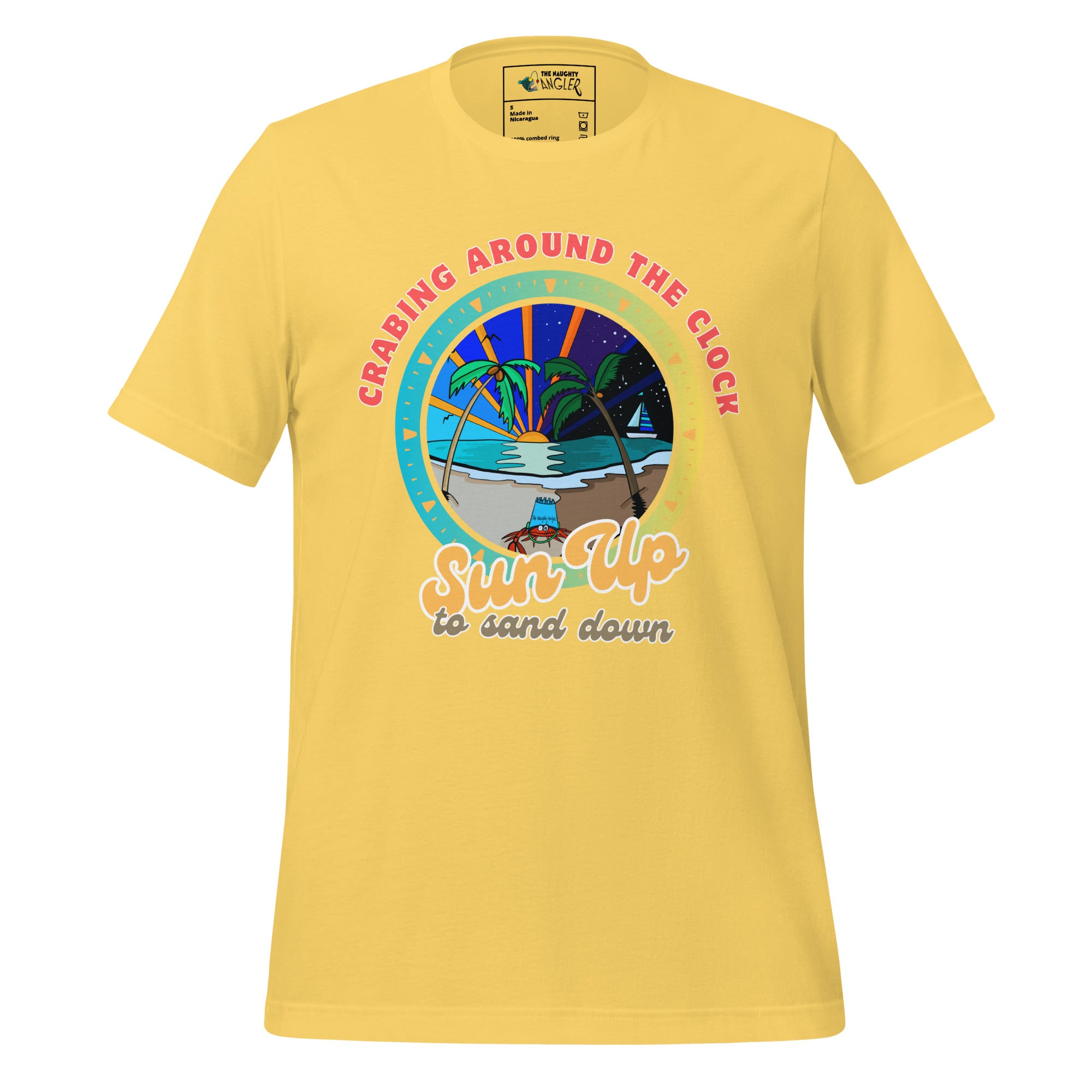 The Naughty Angler™ yellow unisex T-shirt featuring the “Crabing Around the Clock Sun Up to Sand Down” design with a colourful cartoon crab wearing a blue bucket on its head, palm trees, and a blended day–night beach scene.