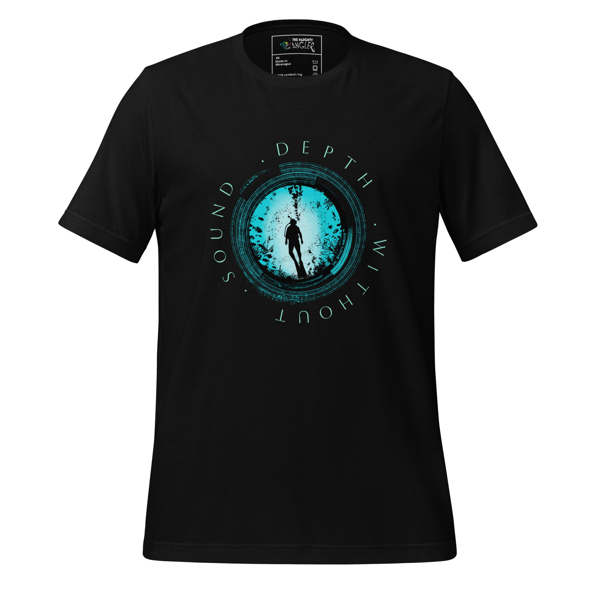 Front view of a black unisex nautical graphic t-shirt featuring a scuba diver inspired by the silent depth of the ocean, printed with vibrant DTF Flex
