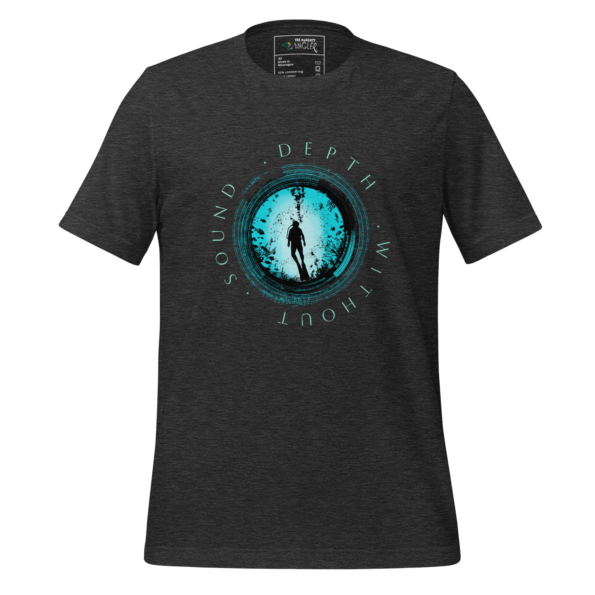 Front view of a dark grey heather unisex nautical graphic t-shirt featuring a scuba diver inspired by the silent depth of the ocean, printed with vibrant DTF Flex
