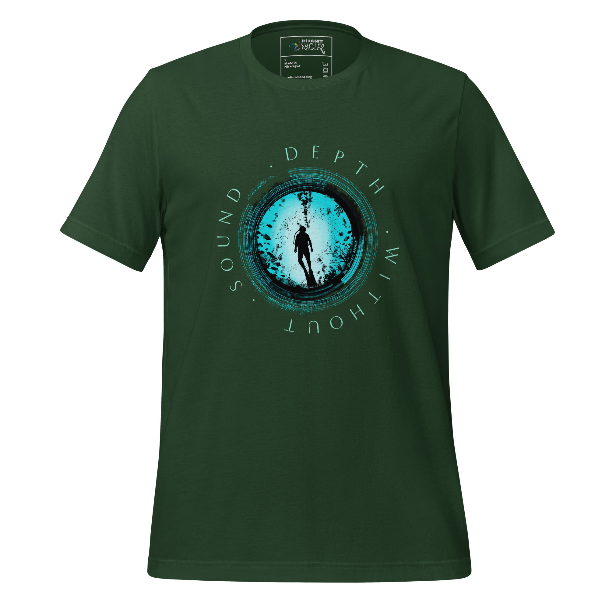 Front view of a forest green unisex nautical graphic t-shirt featuring a scuba diver inspired by the silent depth of the ocean, printed with vibrant DTF Flex
