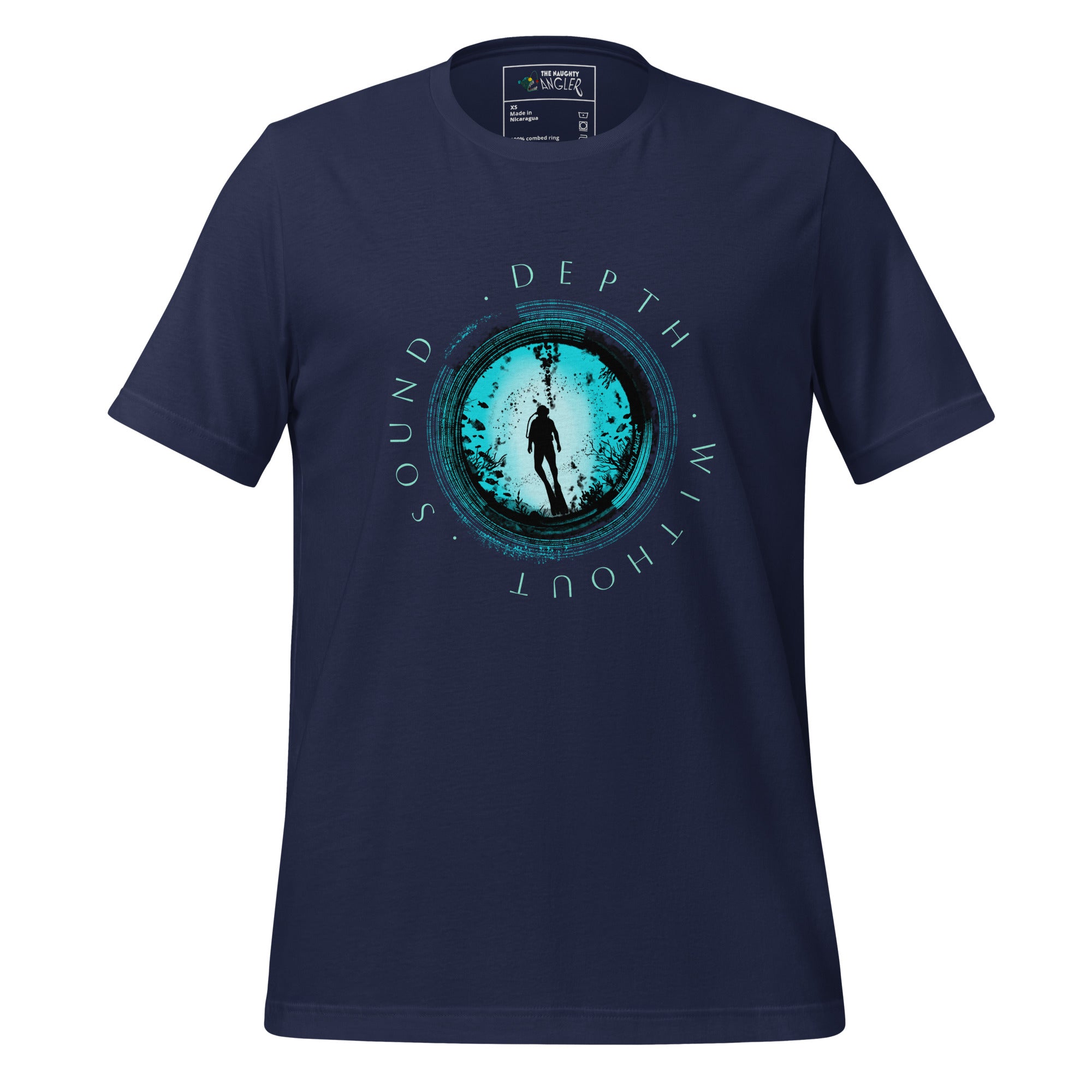 Front view of a navy unisex nautical graphic t-shirt featuring a scuba diver inspired by the silent depth of the ocean, printed with vibrant DTF Flex
