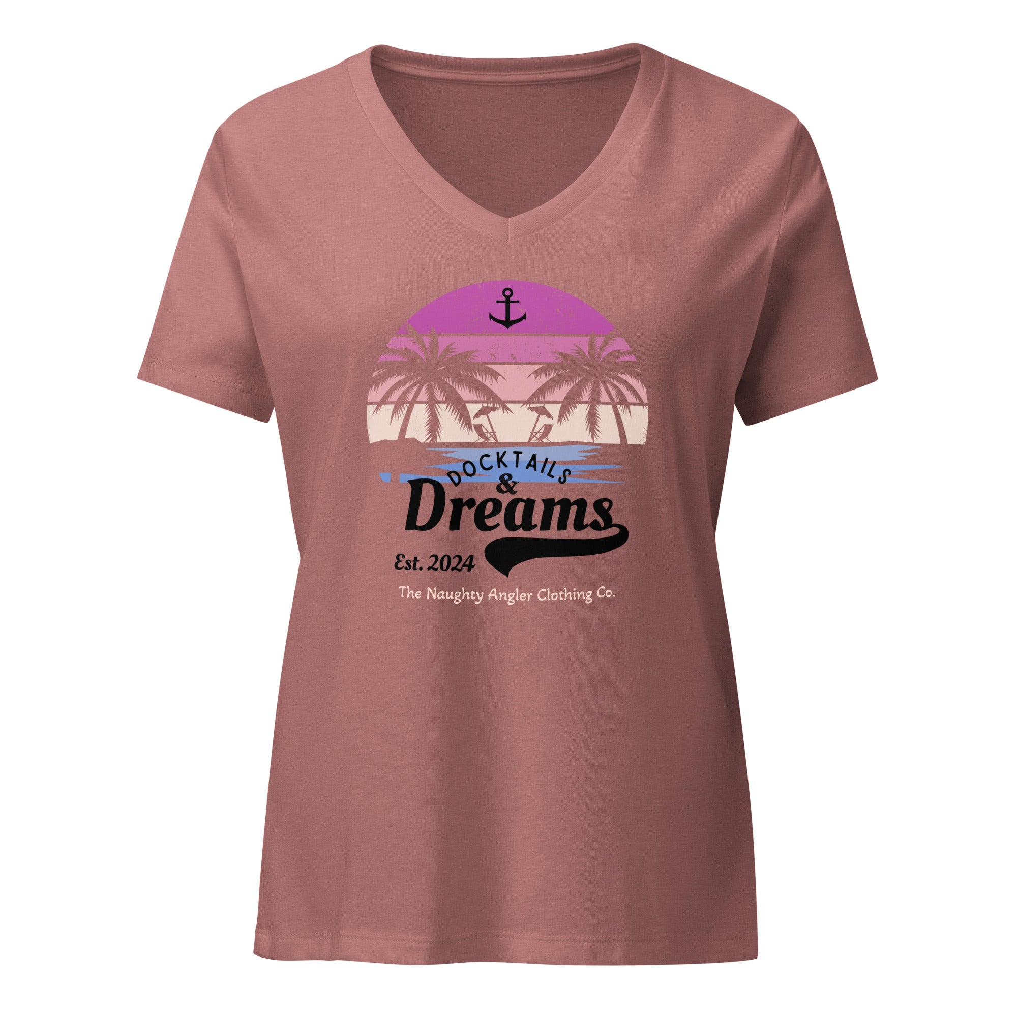 The Naughty Angler™ heather mauve women’s relaxed v-neck t-shirt featuring the “Docktails and Dreams” front lettering in bold black cursive and regular fonts, with a back beach scene of palm trees in a pink, peach, and blue gradient topped with a small peach signature reading “The Naughty Angler Clothing Co.”