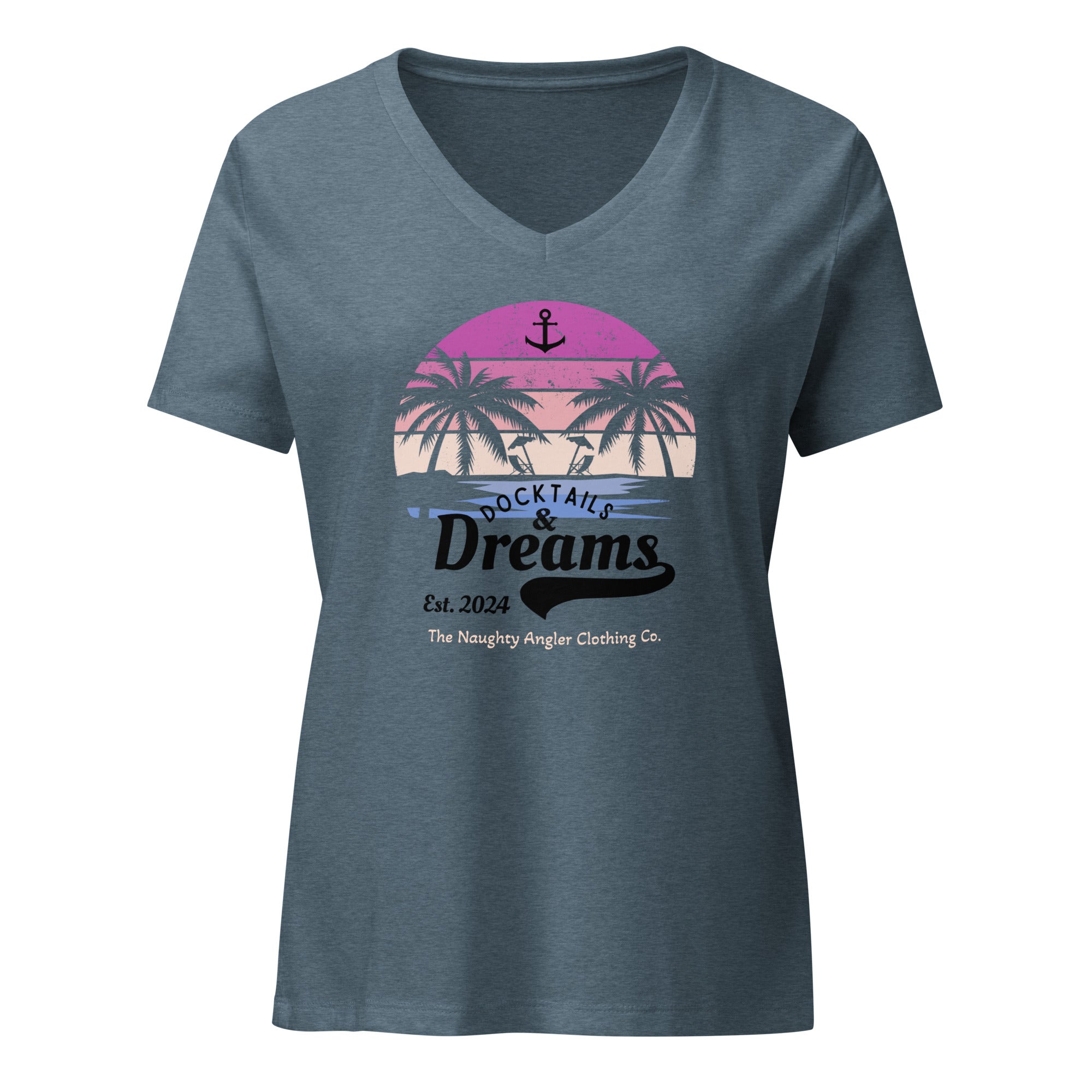 The Naughty Angler™ heather slate women’s relaxed v-neck t-shirt with the “Docktails and Dreams” black text on the front in mixed regular and cursive lettering, plus a back palm-tree beach scene in a pink–peach–blue gradient and a small peach “The Naughty Angler Clothing Co.” signature.