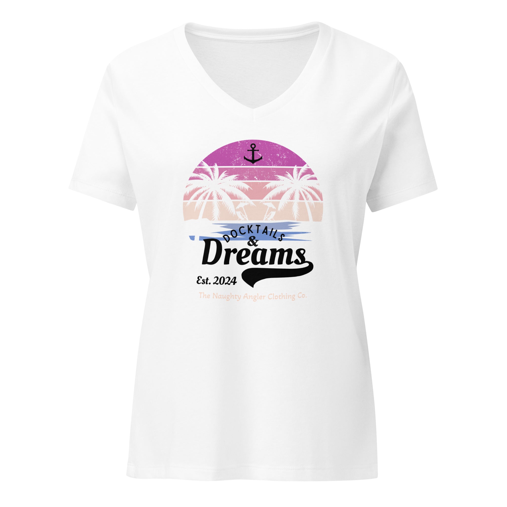 The Naughty Angler™ white women’s relaxed v-neck t-shirt featuring the “Docktails and Dreams” black front lettering in regular and cursive fonts, with a back palm-tree beach scene in a pink, peach, and blue gradient and a small peach signature reading “The Naughty Angler Clothing Co.”