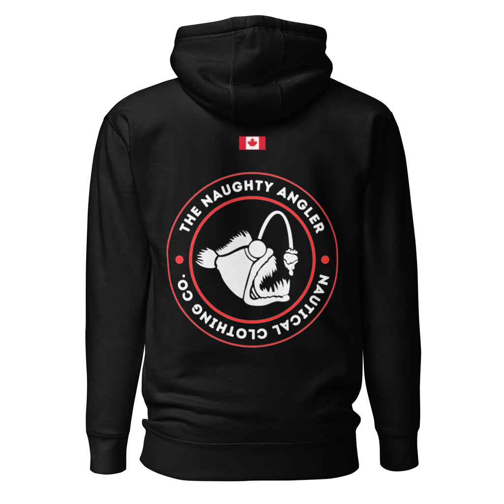 Back view of the black premium hoodie showing a printed circular The Naughty Angler logo in red and white with a small printed Canadian flag above it.