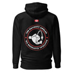 Back view of the black premium hoodie showing a printed circular The Naughty Angler logo in red and white with a small printed Canadian flag above it.