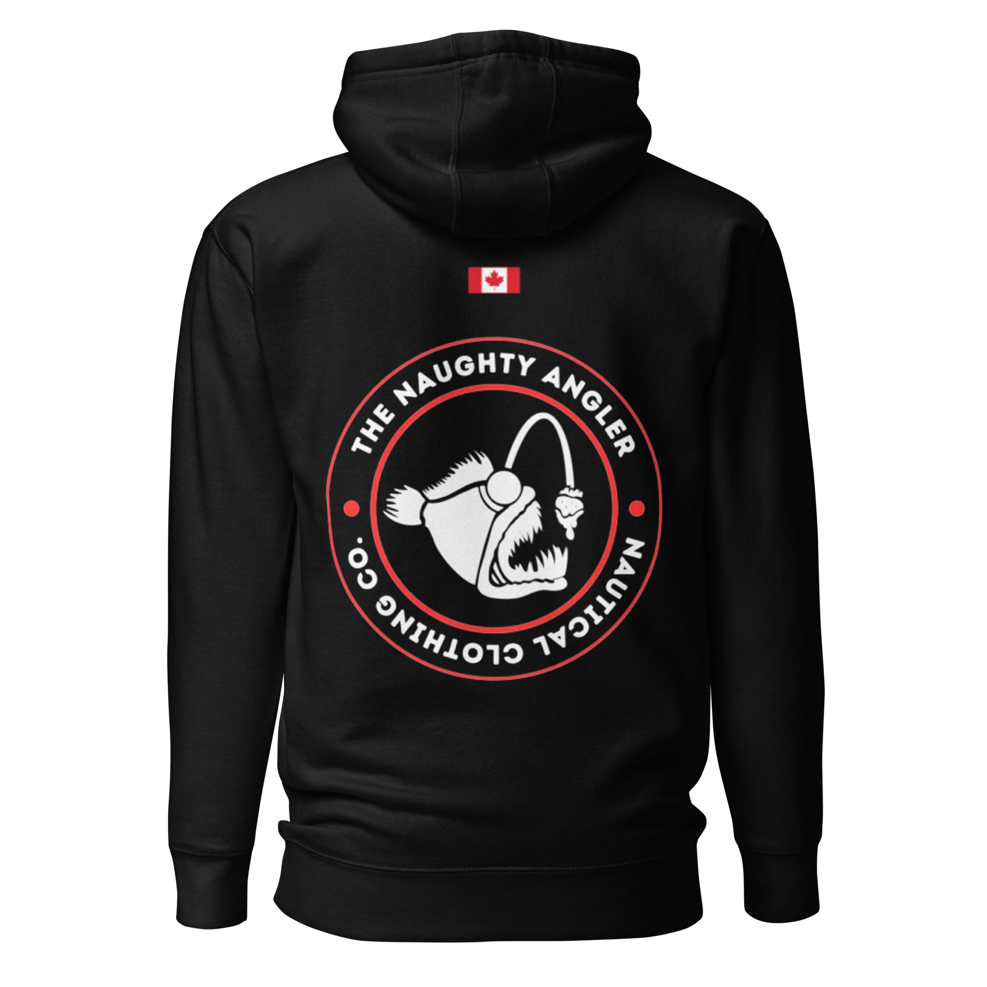 Back view of the black premium hoodie showing a printed circular The Naughty Angler logo in red and white with a small printed Canadian flag above it.
