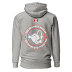 Back view of the carbon grey premium hoodie showing a printed circular The Naughty Angler logo in red and white with a printed Canadian flag above it.