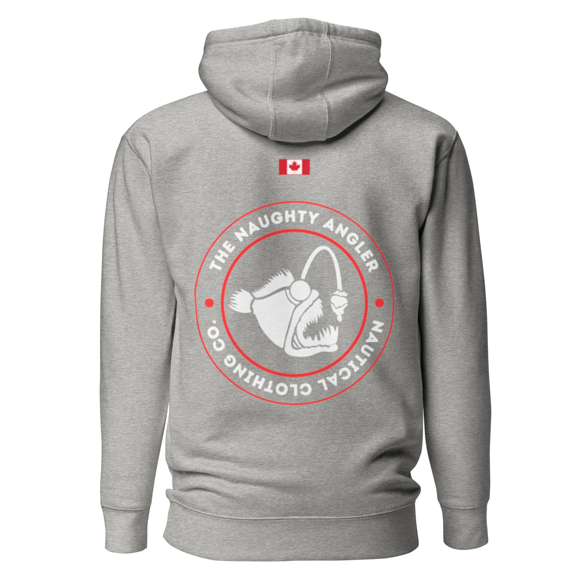 Back view of the carbon grey premium hoodie showing a printed circular The Naughty Angler logo in red and white with a printed Canadian flag above it.