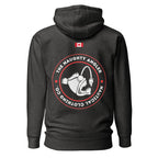 Back of the charcoal heather premium hoodie with a printed circular The Naughty Angler logo in red and white and a small printed Canadian flag above it.