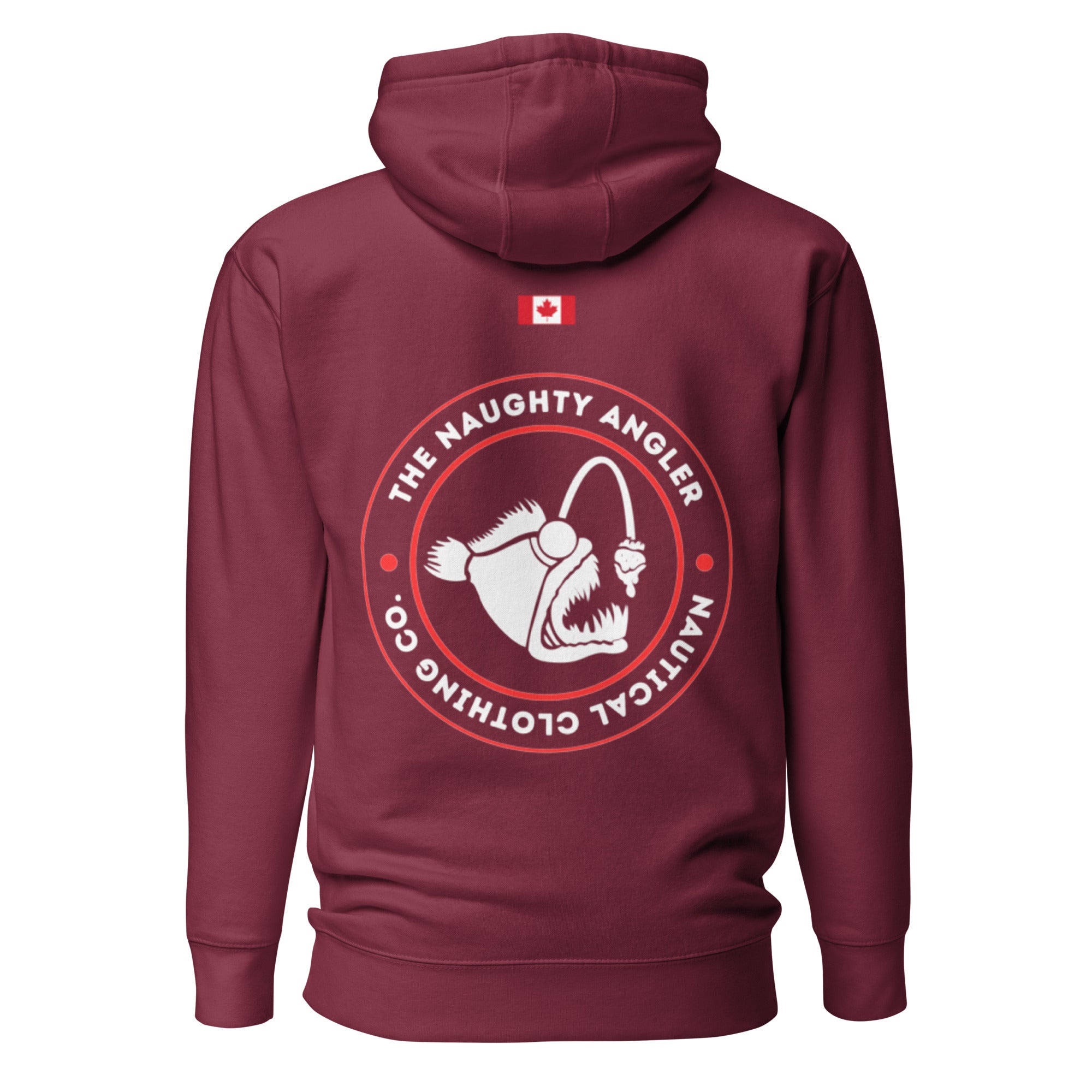 Back of the maroon premium hoodie showing a printed circular The Naughty Angler logo in red and white with a printed Canadian flag above it.