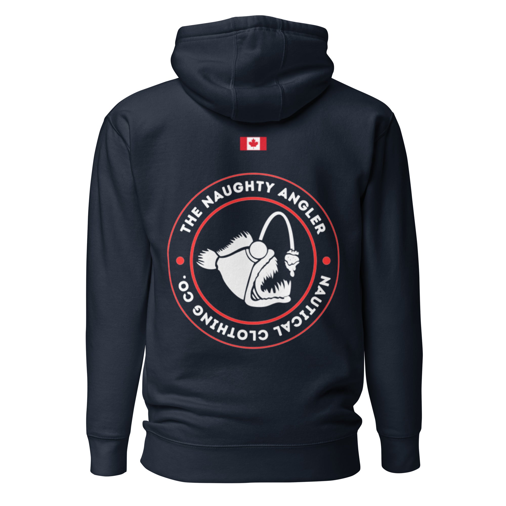 Back of the navy blazer premium hoodie with a printed circular The Naughty Angler logo in red and white and a small printed Canadian flag above it.