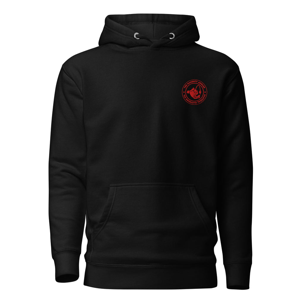 The Naughty Angler™ black premium hoodie featuring the red embroidered silhouette circle logo on the front for a bold Canadian-inspired nautical style.