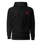 The Naughty Angler™ black premium hoodie featuring the red embroidered silhouette circle logo on the front for a bold Canadian-inspired nautical style.