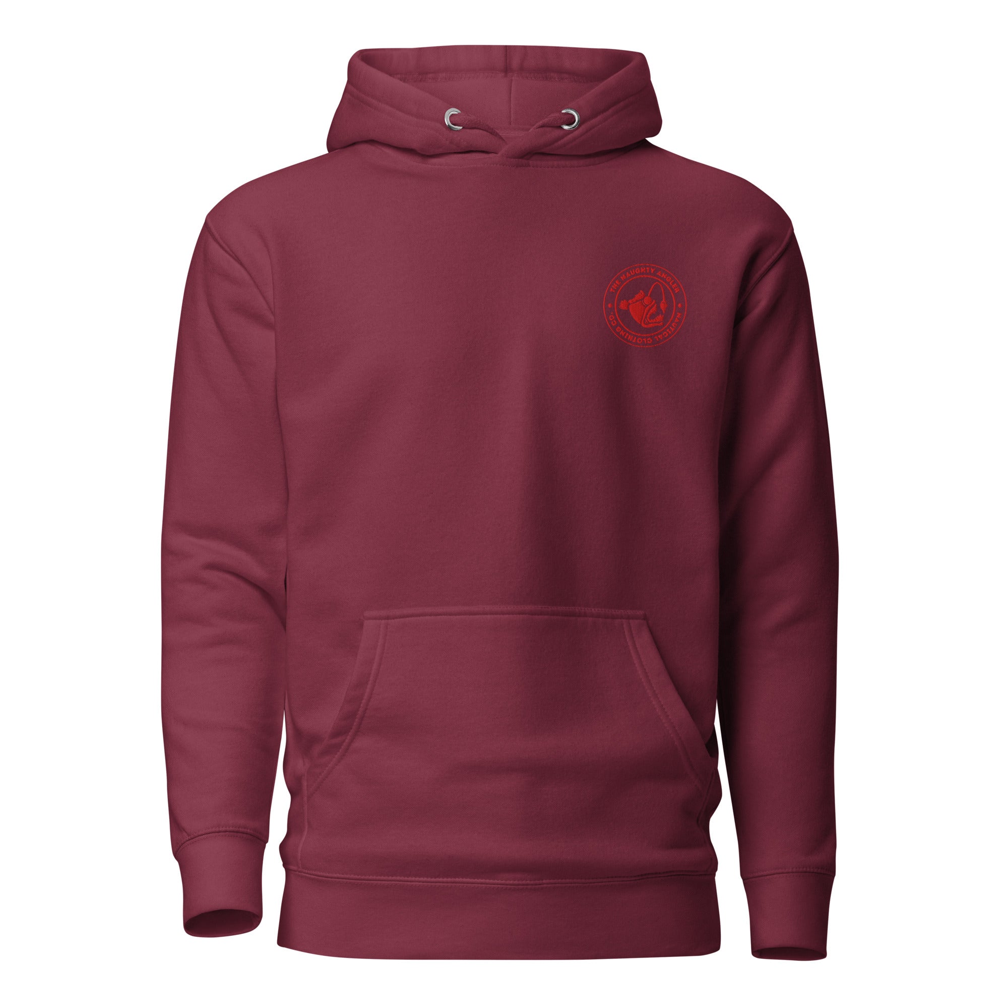The Naughty Angler™ burgundy premium hoodie featuring a red embroidered silhouette circle logo on the front for a bold nautical Canadian style.
