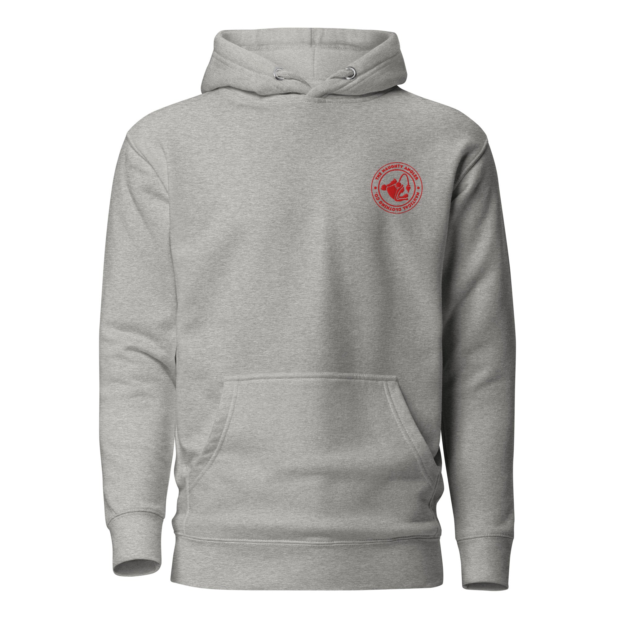 The Naughty Angler™ carbon grey premium hoodie featuring a red embroidered silhouette circle logo on the front for a strong coastal Canadian aesthetic.