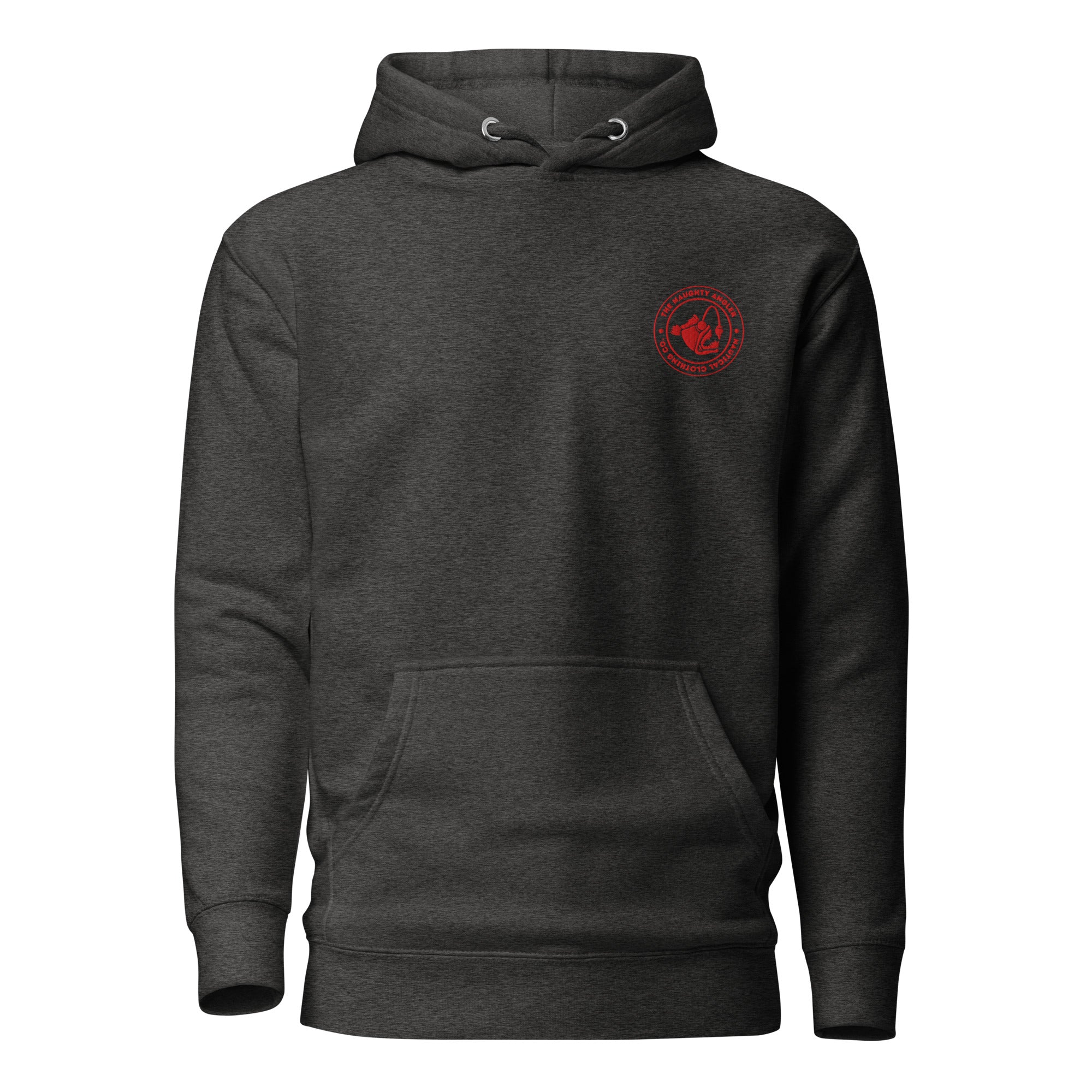 The Naughty Angler™ charcoal heather premium hoodie featuring a red embroidered silhouette circle logo on the front for a rugged Canadian-inspired look.