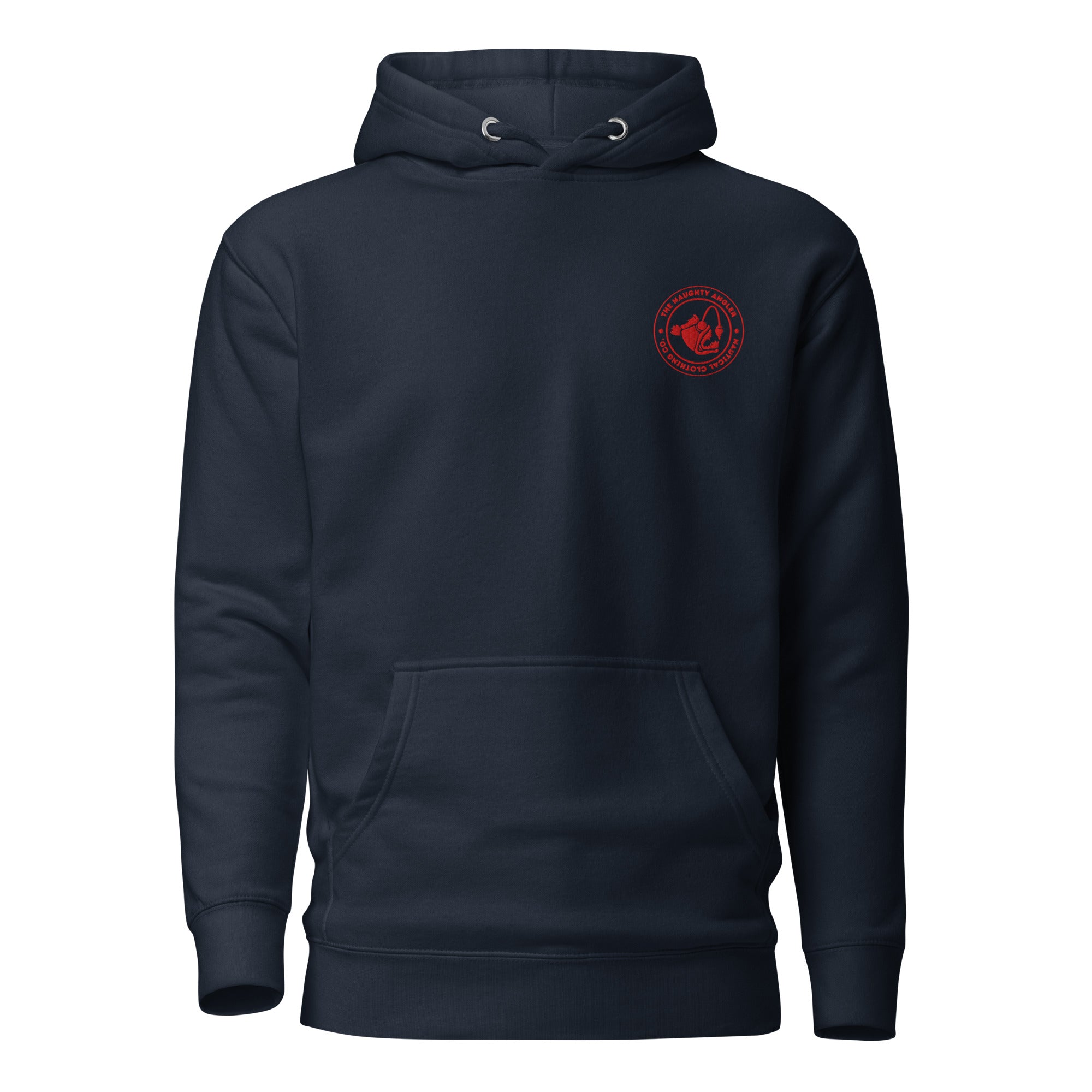 The Naughty Angler™ navy blazer premium hoodie featuring a red embroidered silhouette circle logo on the front, creating a clean Canadian-themed look.