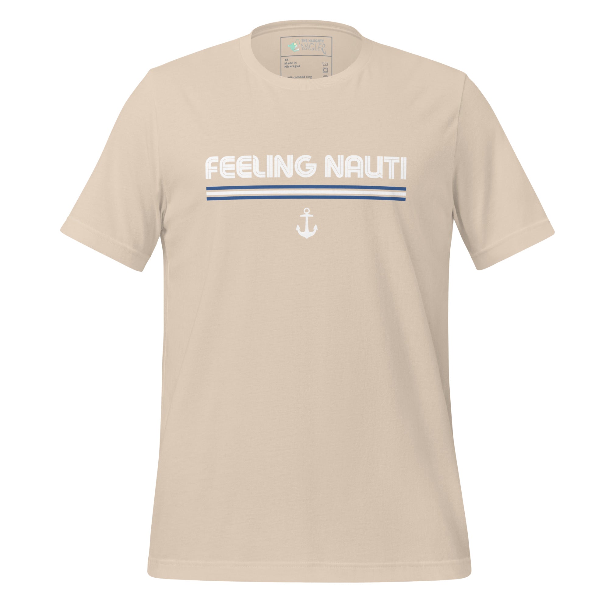 The Naughty Angler™  soft cream unisex T-shirt showcasing the “Feeling Nauti” front graphic with bold white text, a blue-and-white nautical stripe pattern, and a white anchor beneath the lettering.