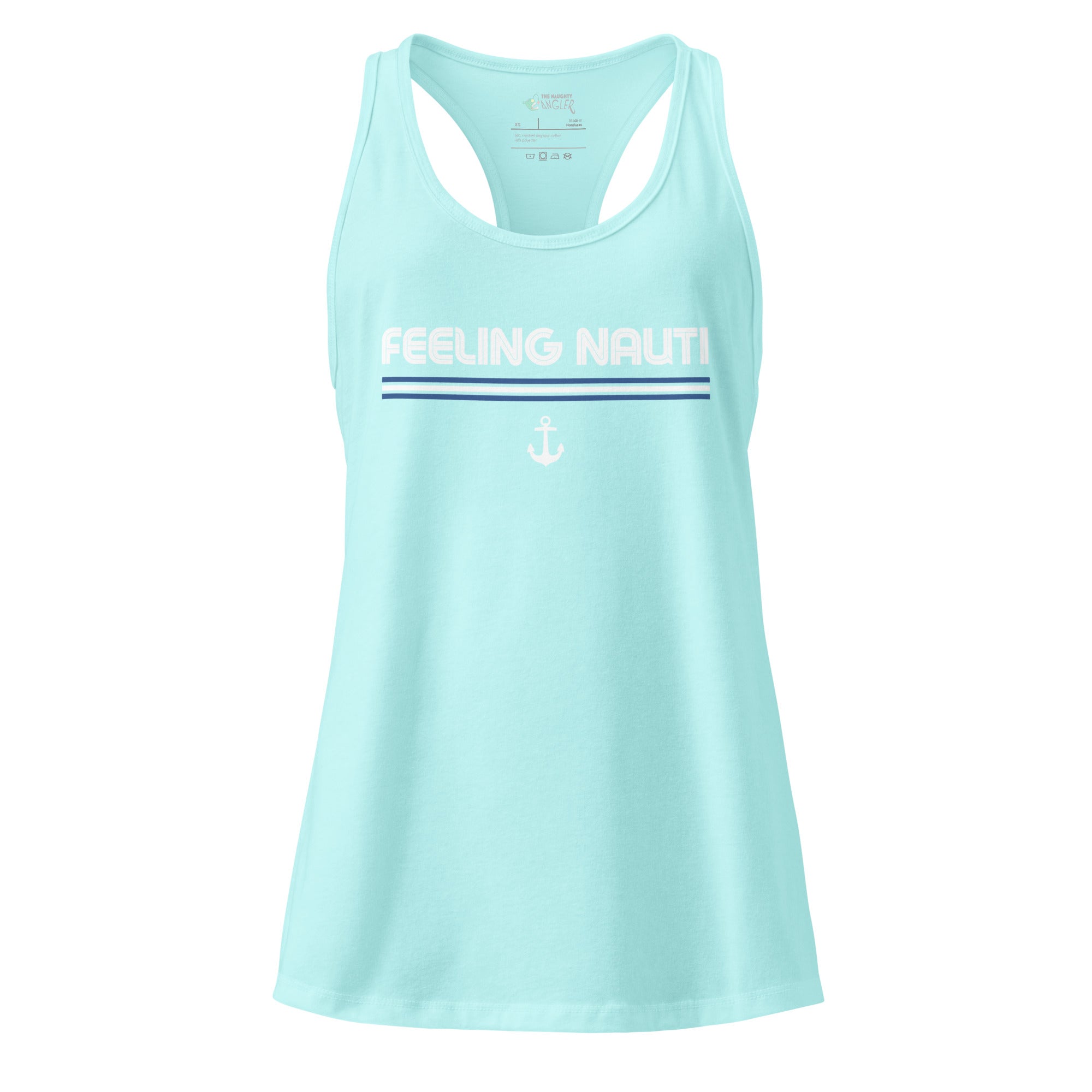 The Naughty Angler™ cancun women’s fitted racerback tank top featuring the “Feeling Nauti” design with bold white lettering, a nautical blue-and-white stripe pattern, and a white anchor graphic below the text.
