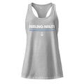 The Naughty Angler™ heather gray women’s fitted racerback tank top featuring the “Feeling Nauti” design with bold white lettering, a blue-and-white nautical stripe pattern, and a white anchor graphic below.