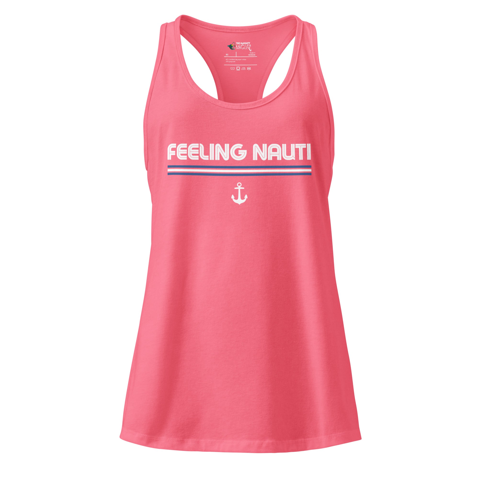 The Naughty Angler™ hot pink women’s fitted racerback tank top showcasing the “Feeling Nauti” design with bold white lettering, a blue-and-white nautical stripe background, and a white anchor beneath the text.