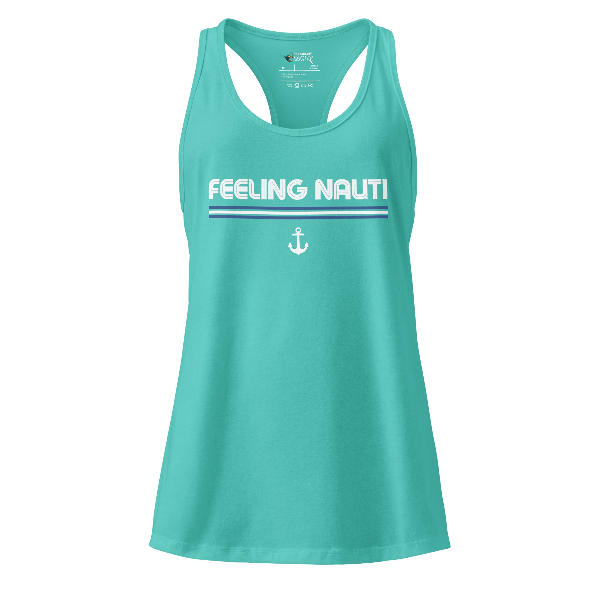 The Naughty Angler™ tahiti blue women’s fitted racerback tank top displaying the “Feeling Nauti” front design with bold white lettering, a blue-and-white nautical stripe pattern, and a white anchor graphic beneath.