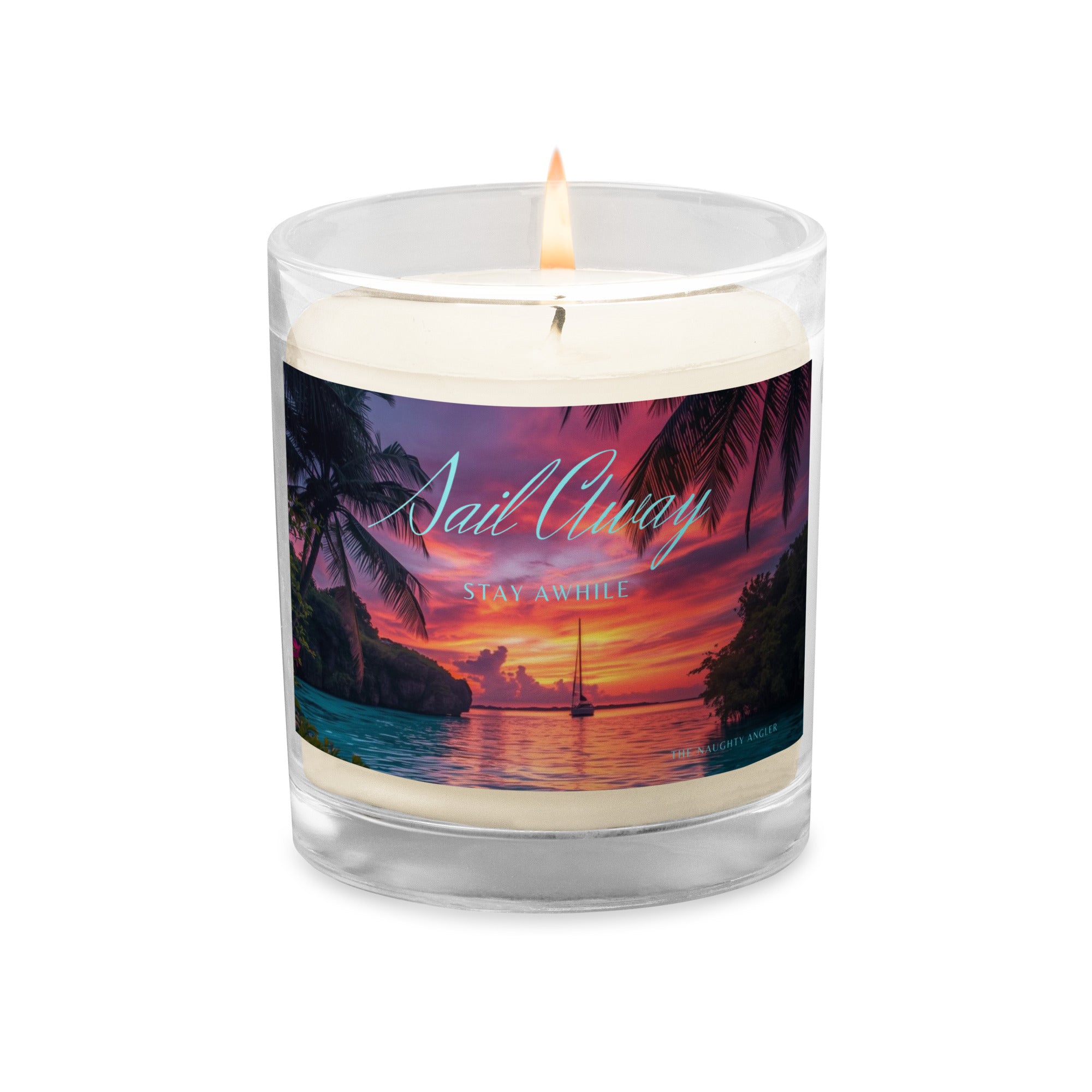 Tropical sailboat sunset candle label with palm trees and the phrase Sail Away and Stay Awhile by The Naughty Angler