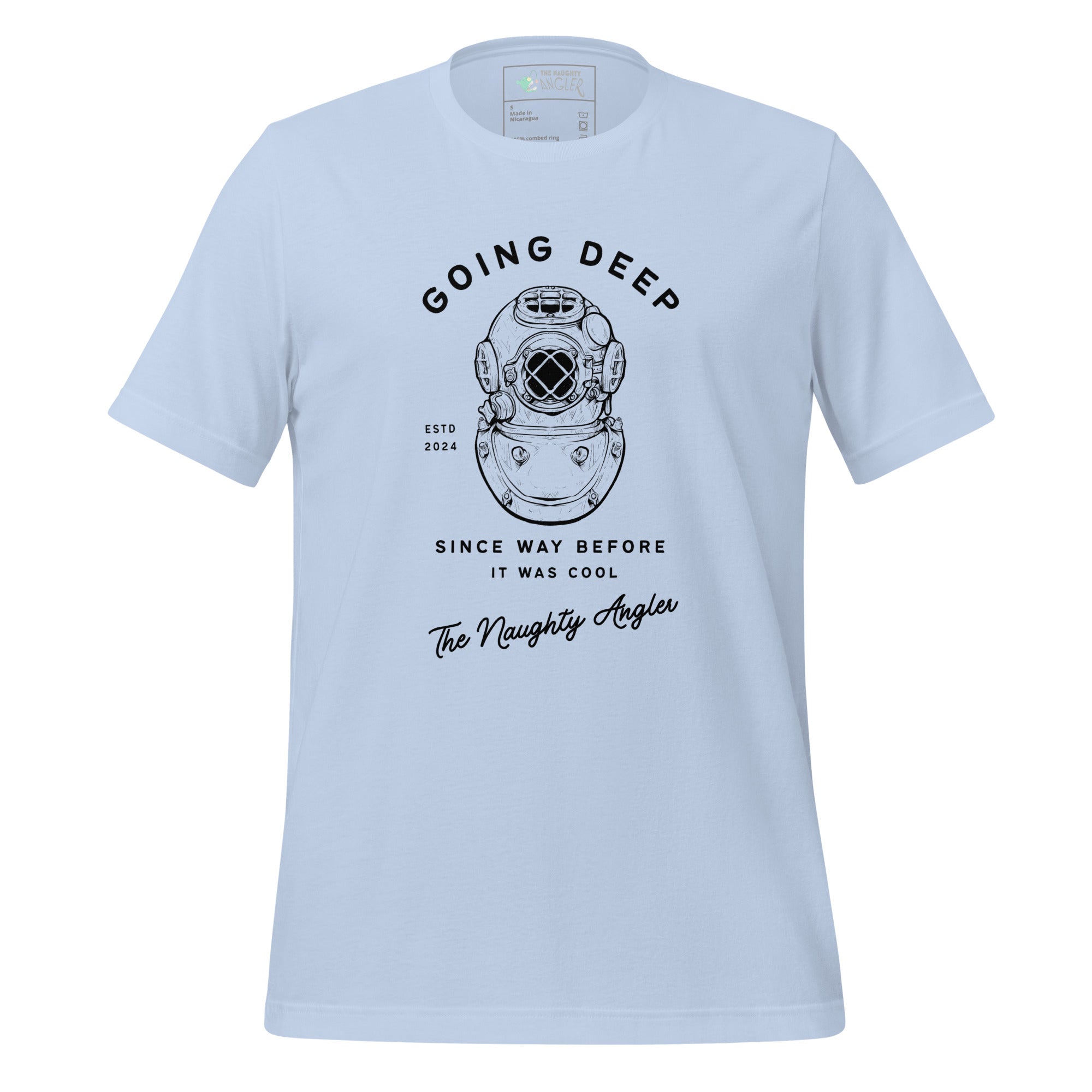 The Naughty Angler™ baby blue unisex T-shirt displaying the “Going Deep Since Way Before It Was Cool” front artwork with a classic diving helmet graphic and a fun nautical saying.