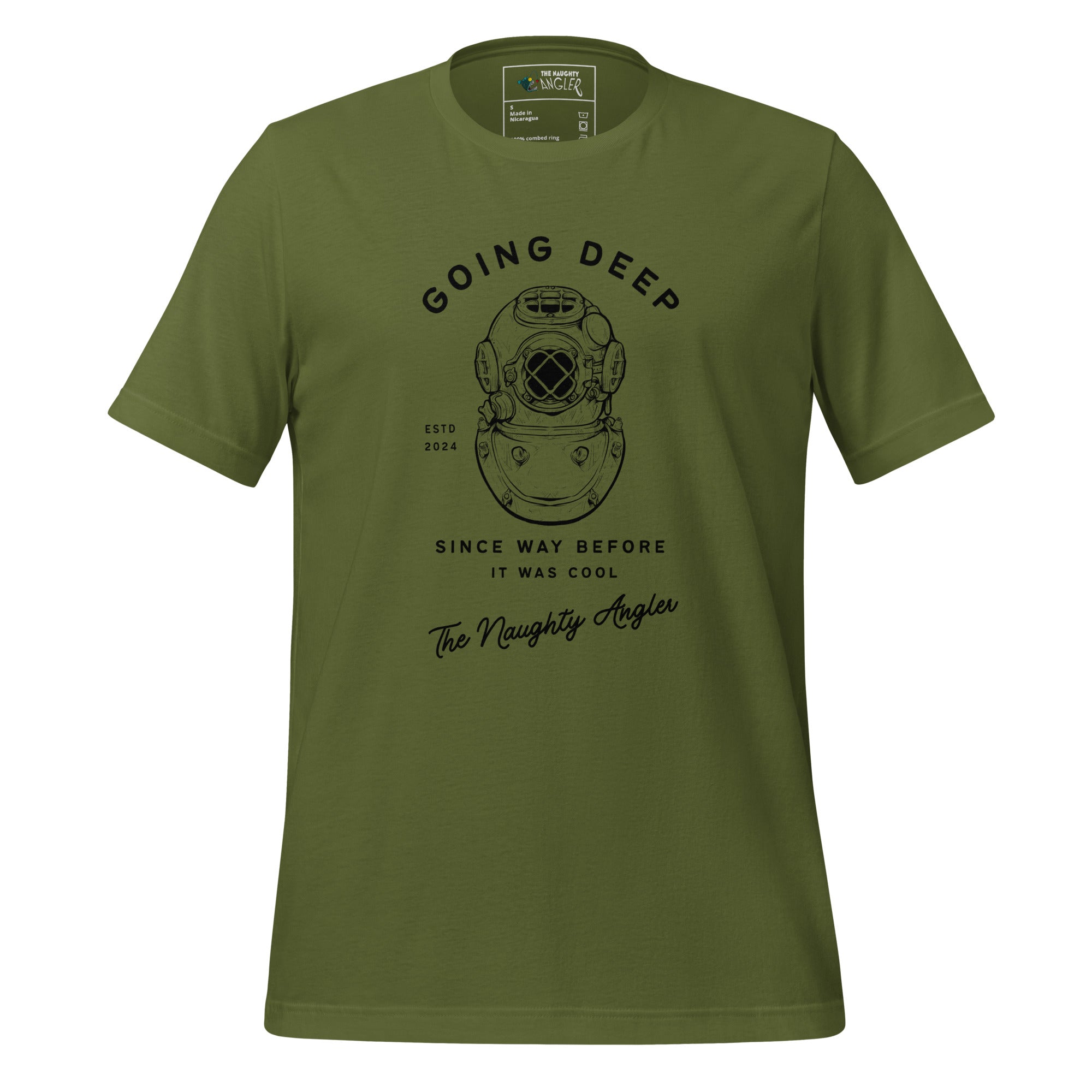 The Naughty Angler™ olive unisex T-shirt featuring the “Going Deep Since Way Before It Was Cool” front design with a vintage diving helmet illustration and a humorous nautical saying.
