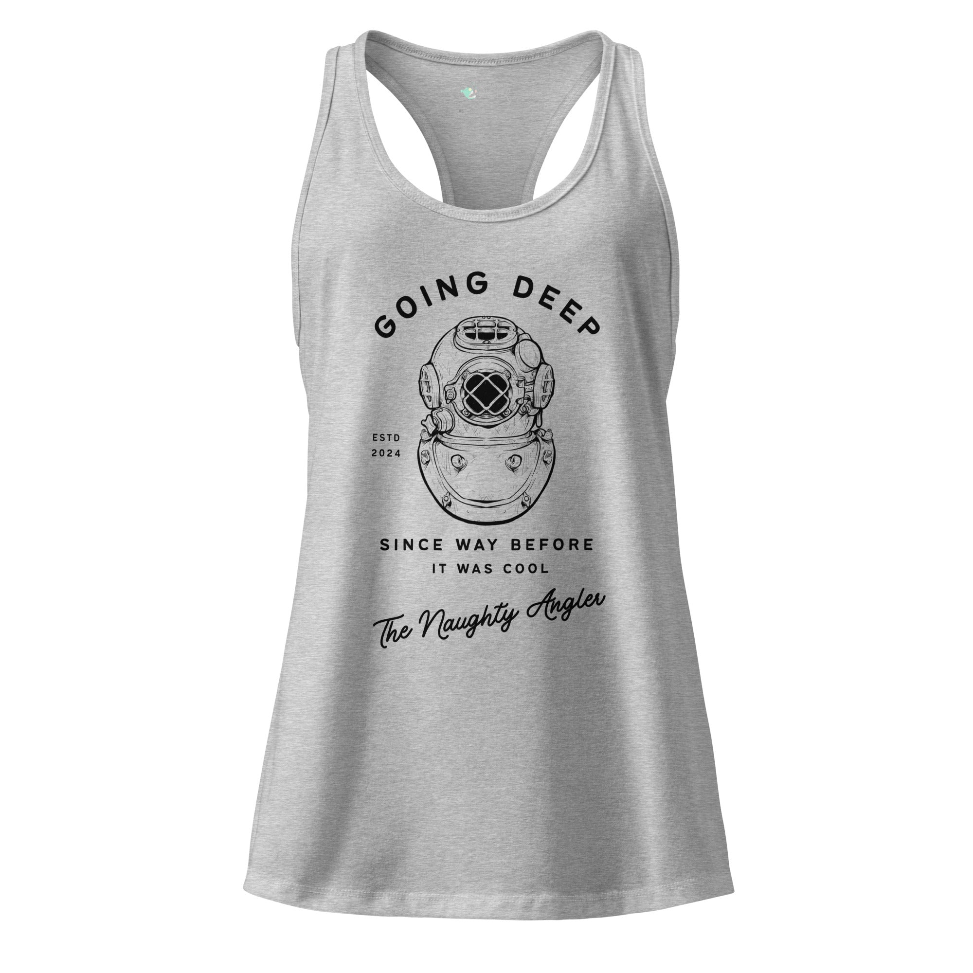 The Naughty Angler™ heather gray women’s fitted racerback tank top featuring the “Going Deep Since Way Before It Was Cool” front design with a vintage diver illustration and a classic nautical joke.