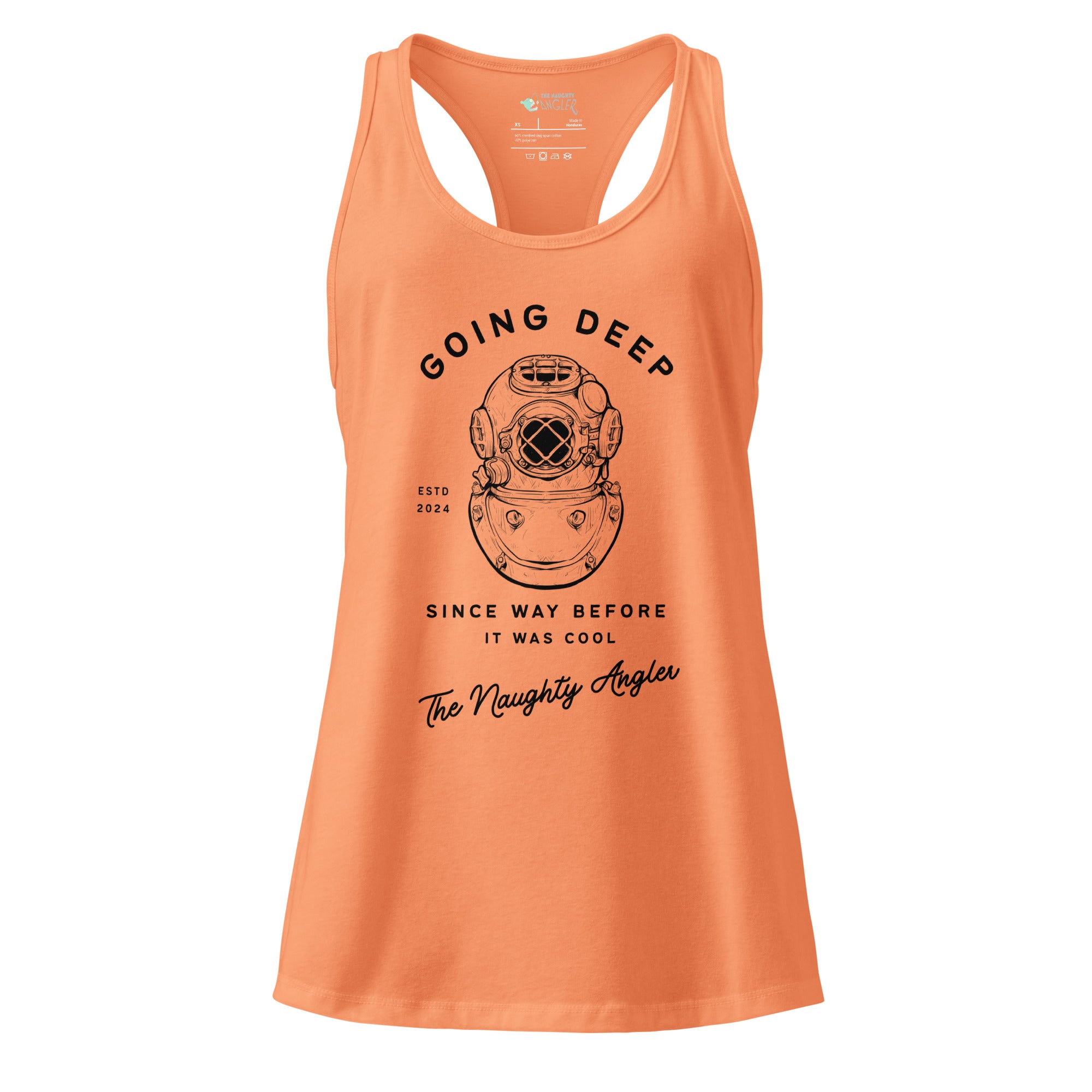 The Naughty Angler™ light orange women’s fitted racerback tank top featuring the “Going Deep Since Way Before It Was Cool” front design with a vintage diver illustration and a humorous nautical saying.