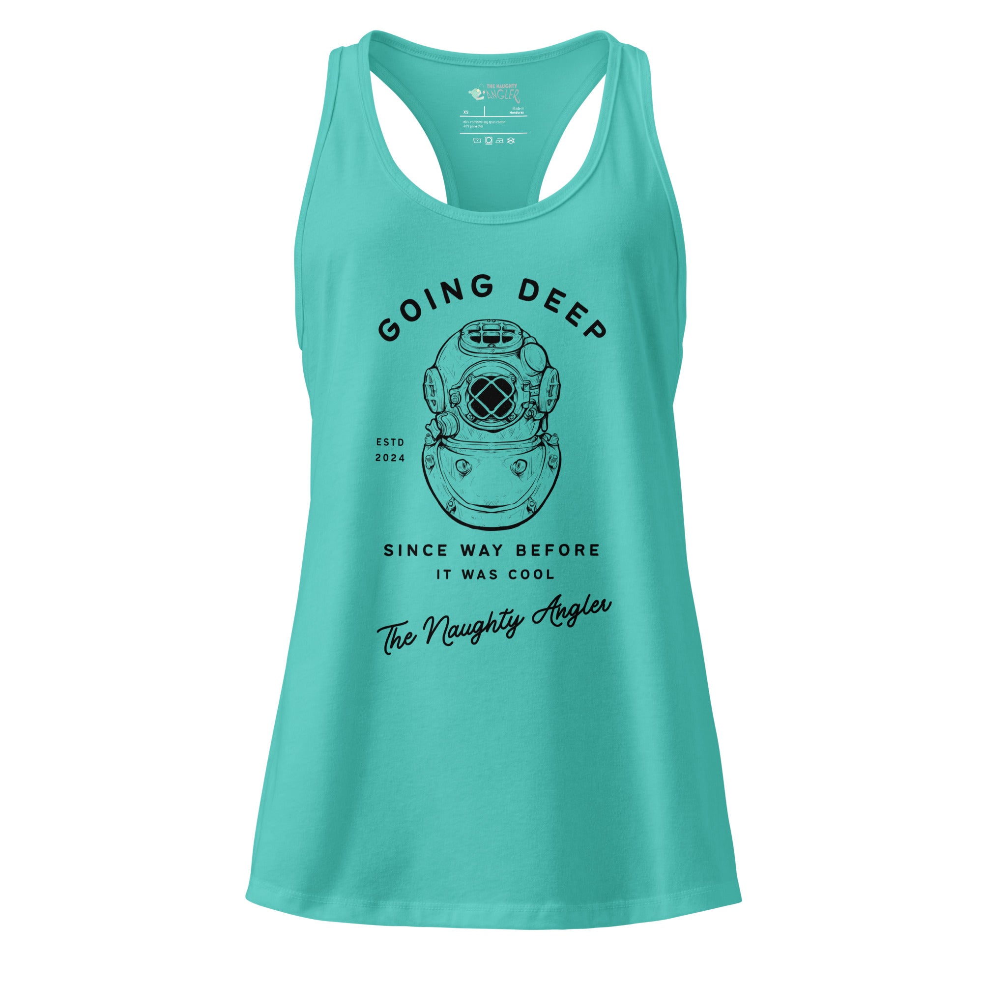 The Naughty Angler™ Tahiti blue women’s fitted racerback tank top showcasing the “Going Deep Since Way Before It Was Cool” front design with a vintage diver graphic and playful nautical humor.