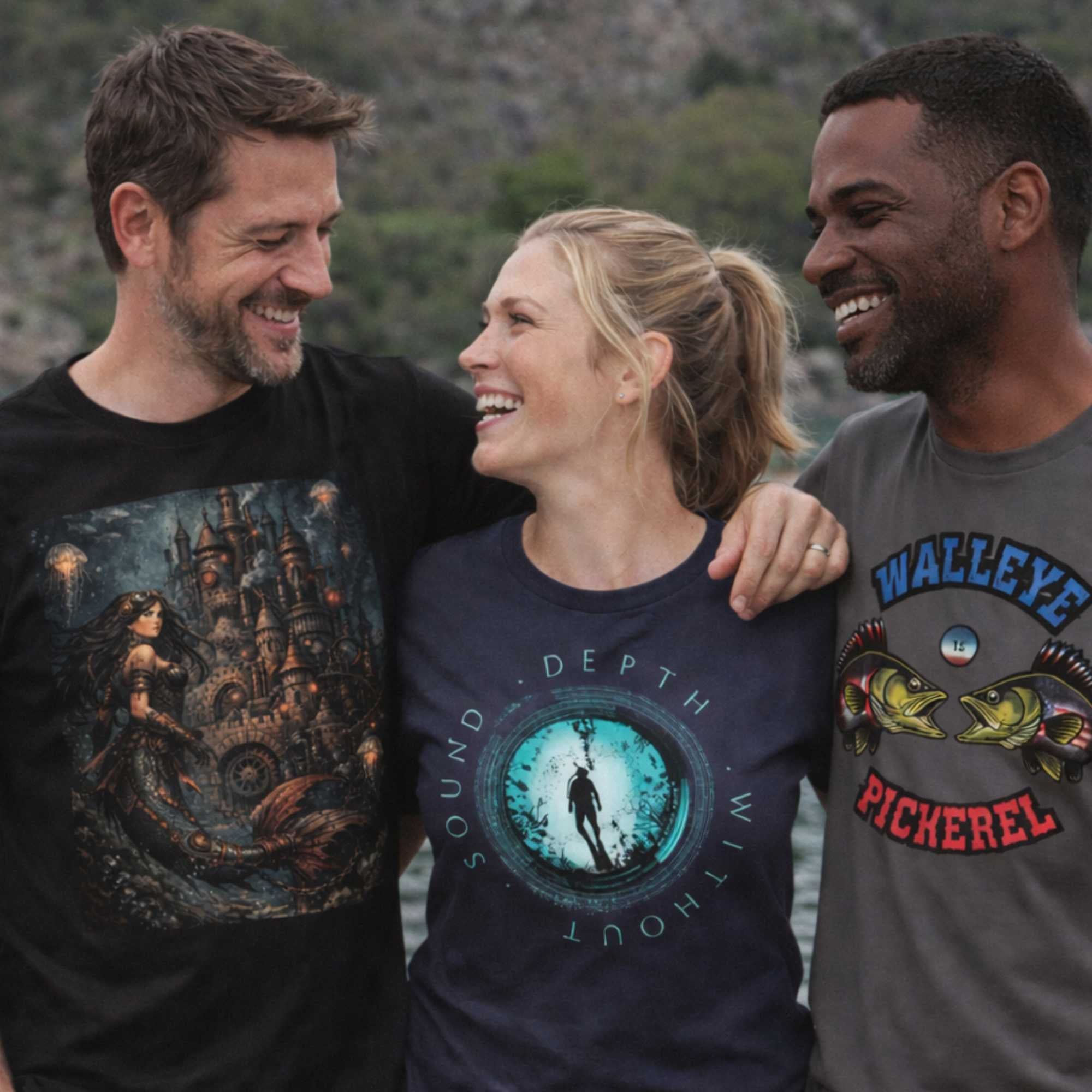 Lifestyle image of three friends wearing nautical graphic t-shirts, two men and a woman standing together outdoors in a relaxed, casual pose
