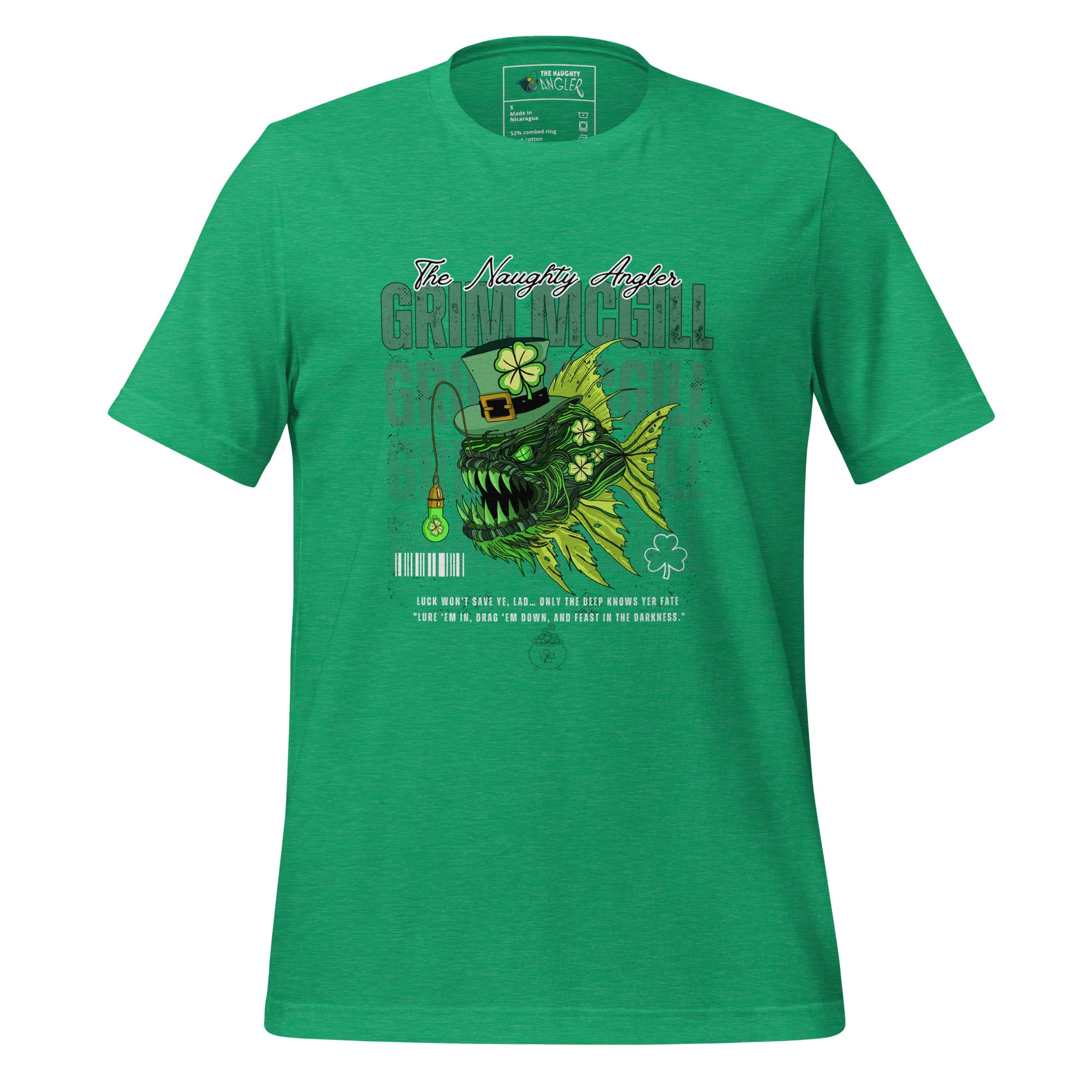 The Naughty Angler™ heather kelly green unisex T-shirt showcasing the “Grim McGill” front artwork with a detailed angler fish, a St. Patrick’s Day–inspired clover inside a bulb-shaped lure, and layered “Grim McGill” background lettering.