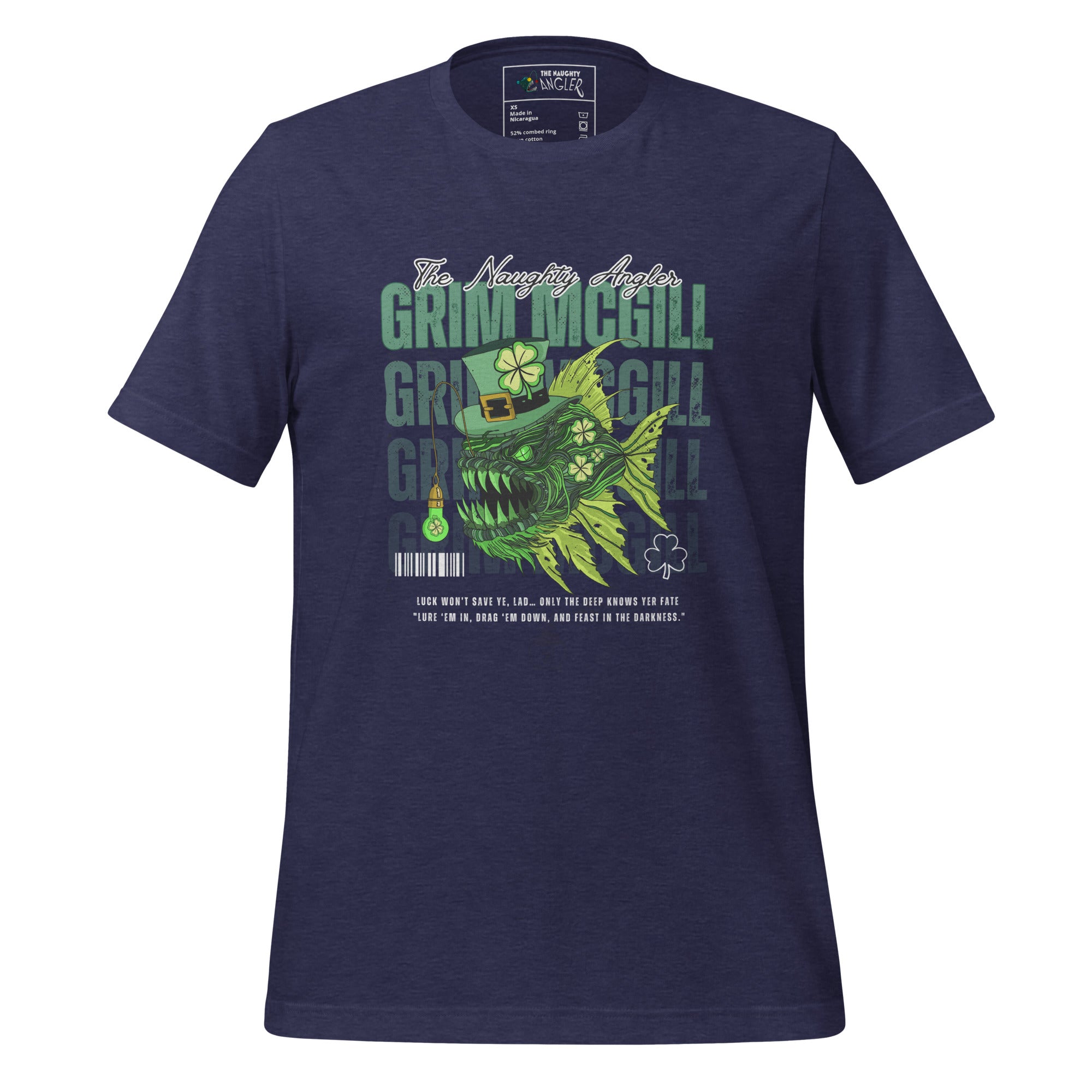 The Naughty Angler™ heather midnight navy unisex T-shirt featuring the “Grim McGill” front design with a finely detailed angler fish illustration, a St. Patrick’s Day theme, a clover inside a light-bulb-style lure, and subtle “Grim McGill” text in the background