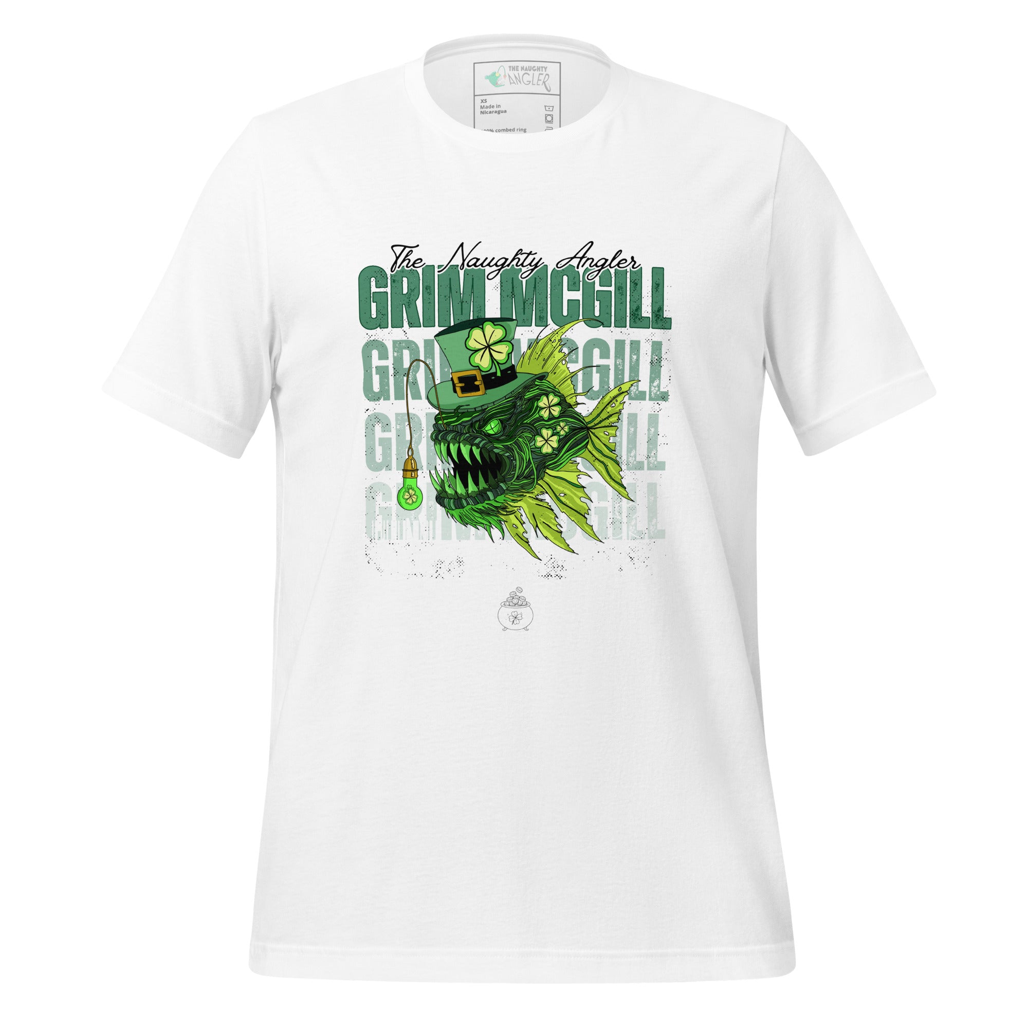 The Naughty Angler™ white unisex T-shirt featuring the “Grim McGill” front design with a finely illustrated angler fish, a festive St. Patrick’s Day theme, a clover inside a light-bulb-style lure, and “Grim McGill” text blended into the background.