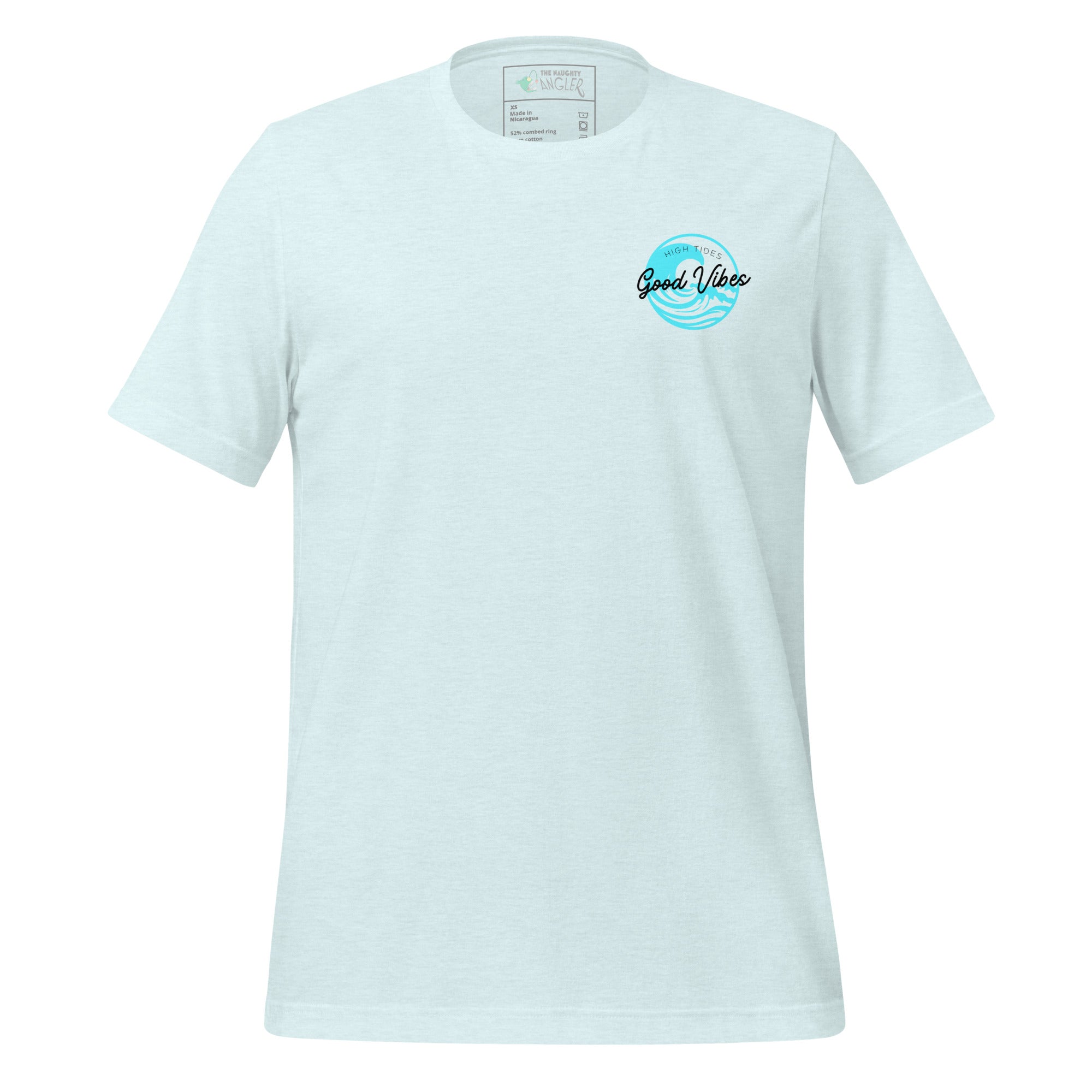 The Naughty Angler™ heather ice blue unisex T-shirt featuring a simple blue wave pattern on the front with a subtle nautical logo for a clean coastal look.