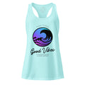 The Naughty Angler™ Cancun blue women’s fitted racerback tank showcasing the “High Tides Good Vibes” front artwork with a flowing wave swirl design and beachy coastal text.