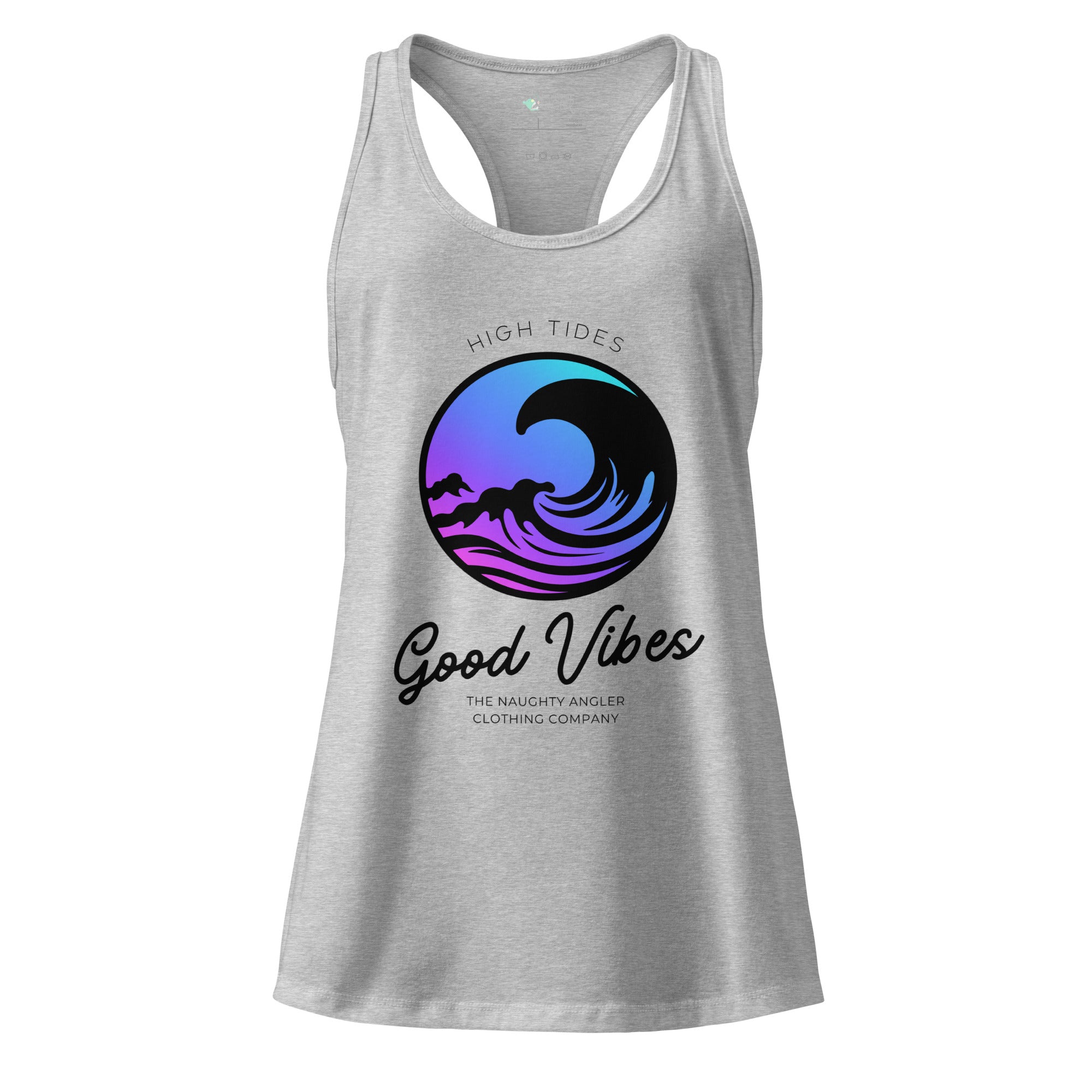 The Naughty Angler™ heather gray women’s fitted racerback tank featuring the “High Tides Good Vibes” design with a clean wave swirl graphic and relaxed nautical lettering.