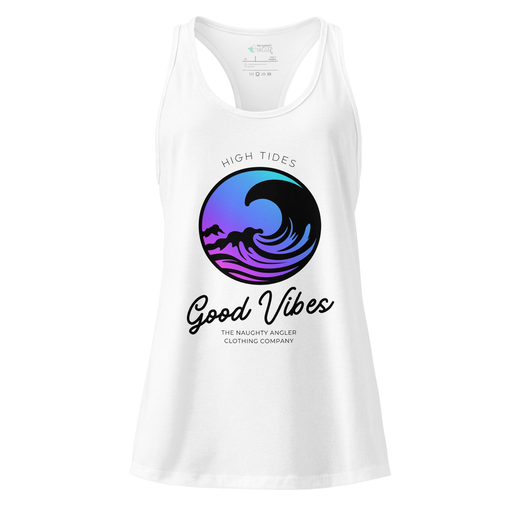 The Naughty Angler™ white women’s fitted racerback tank featuring the “High Tides Good Vibes” front design with a smooth wave swirl graphic and clean coastal-inspired lettering.