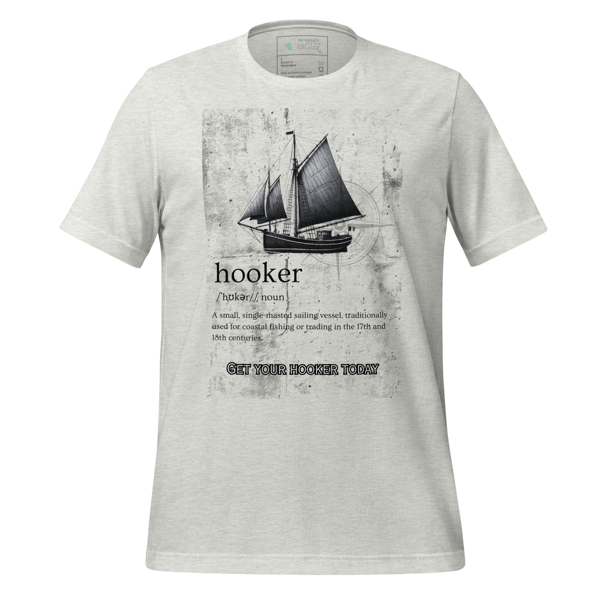 The Naughty Angler™ ash unisex T-shirt featuring the “Hooker” vessel meme front design with a humorous illustrated boat graphic and playful nautical joke.