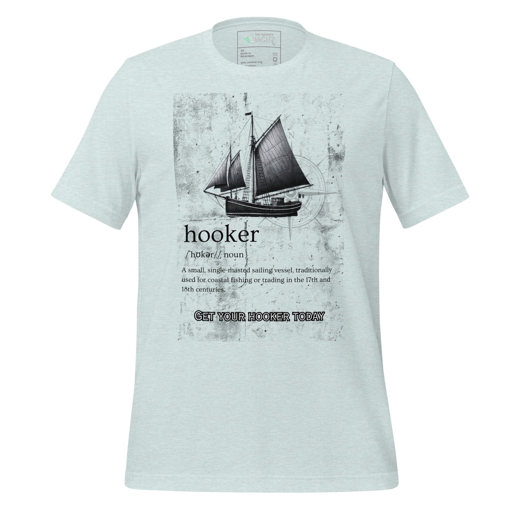 The Naughty Angler™ heather prism ice blue unisex T-shirt showcasing the “Hooker” meme-style front design with an illustrated boat and a lighthearted nautical joke.
