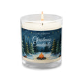 Camping-themed Christmas soy candle featuring a cozy holiday campsite scene with the phrase “I’ll Be Home for Christmas… Eventually.”