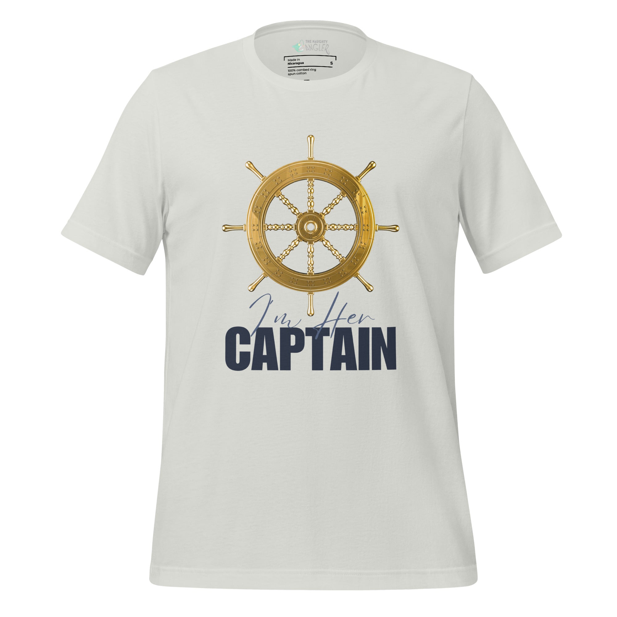 The Naughty Angler™ silver unisex T-shirt showcasing the “I’m Her Captain” front graphic with a detailed captain’s wheel and a lighthearted boating-inspired saying.