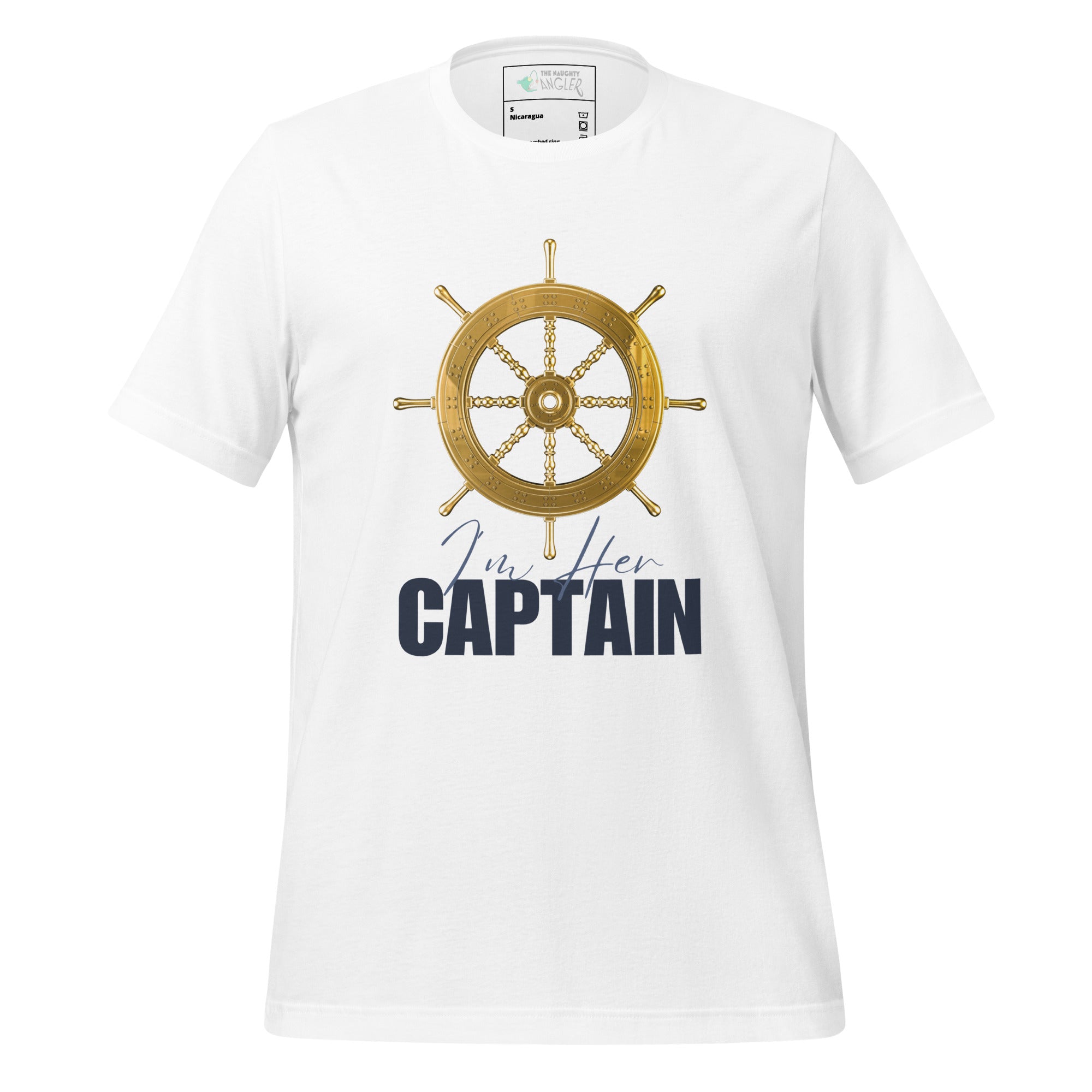 The Naughty Angler™ white unisex T-shirt featuring the “I’m Her Captain” design with a classic captain’s wheel illustration and fun nautical text.